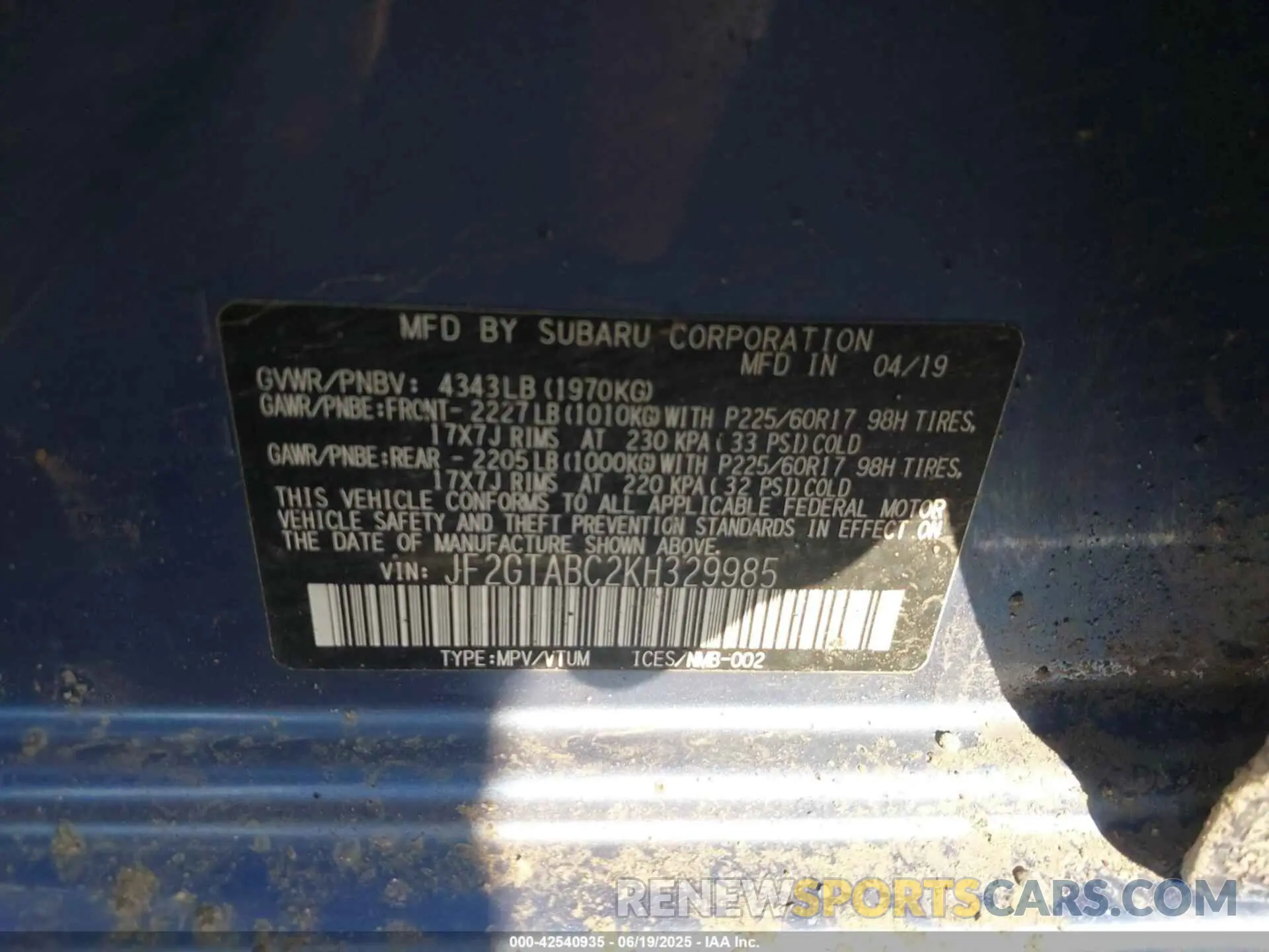9 Photograph of a damaged car JF2GTABC2KH329985 SUBARU CROSSTREK 2019