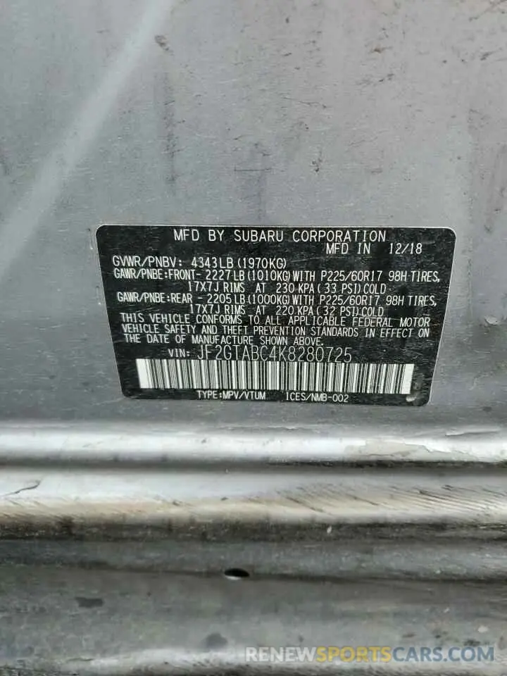 12 Photograph of a damaged car JF2GTABC4K8280725 SUBARU CROSSTREK 2019