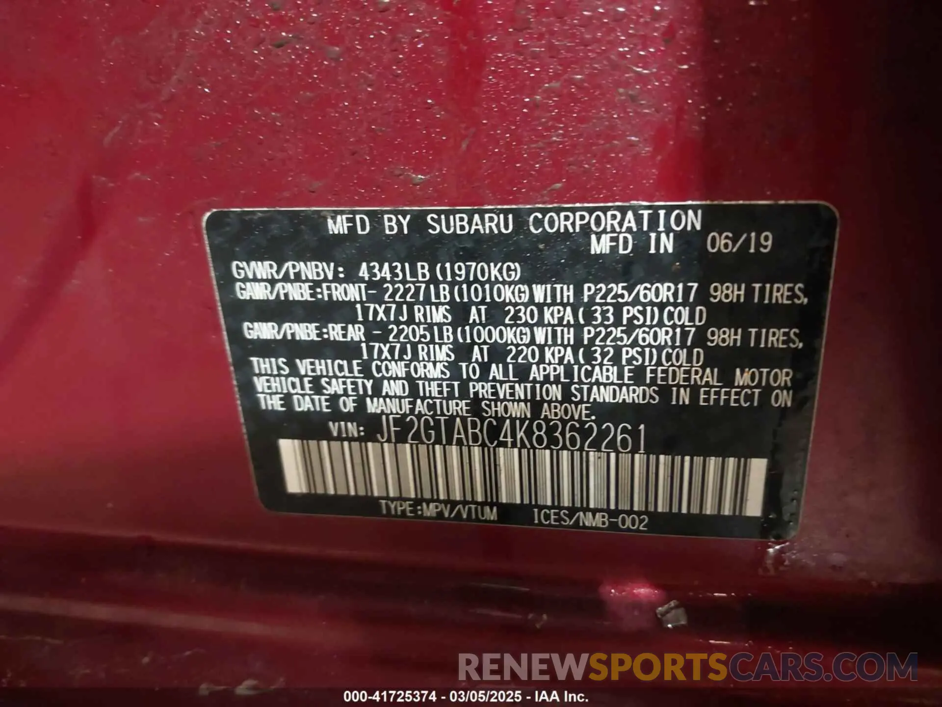 9 Photograph of a damaged car JF2GTABC4K8362261 SUBARU CROSSTREK 2019
