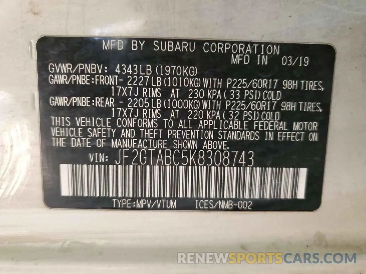 14 Photograph of a damaged car JF2GTABC5K8308743 SUBARU CROSSTREK 2019