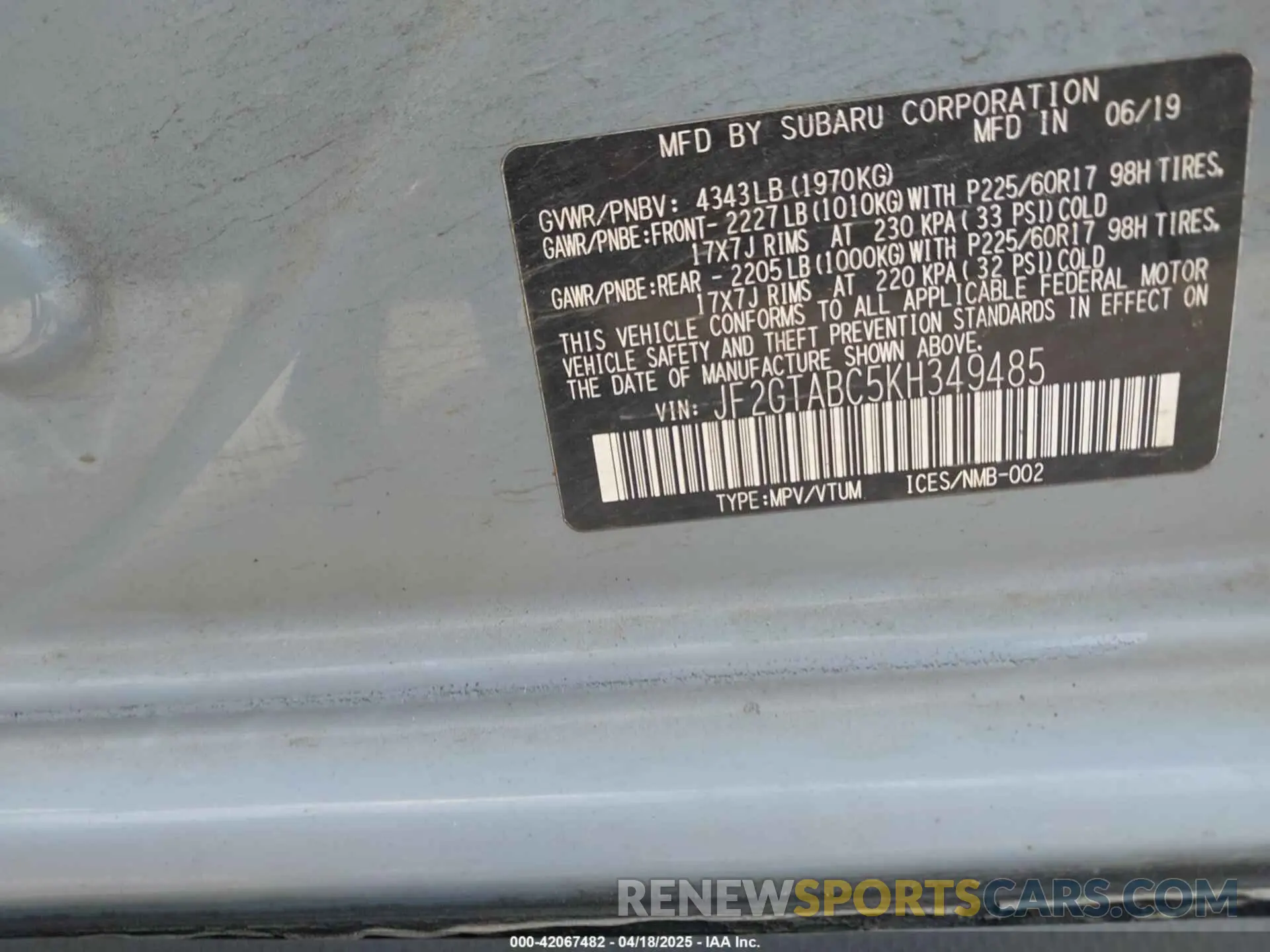 9 Photograph of a damaged car JF2GTABC5KH349485 SUBARU CROSSTREK 2019
