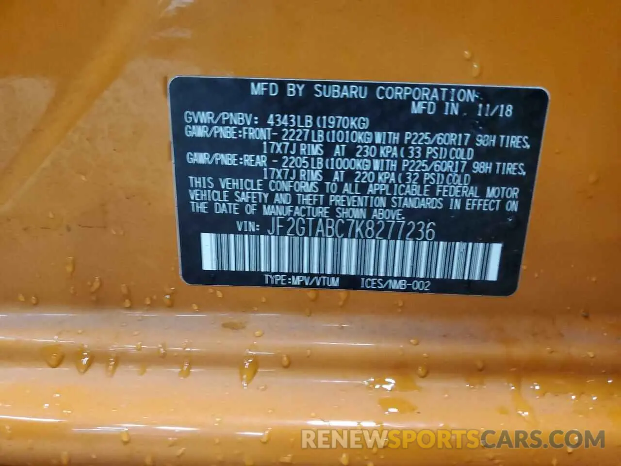 12 Photograph of a damaged car JF2GTABC7K8277236 SUBARU CROSSTREK 2019