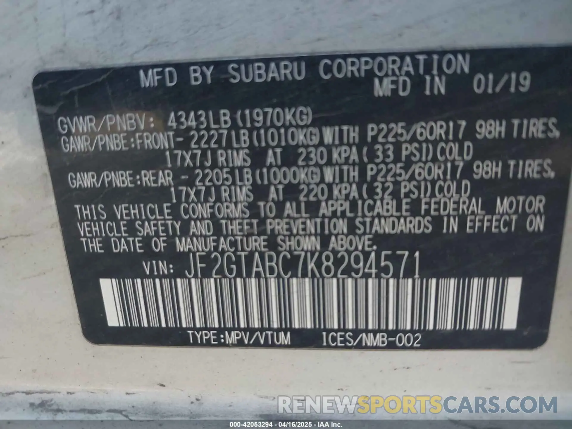 9 Photograph of a damaged car JF2GTABC7K8294571 SUBARU CROSSTREK 2019