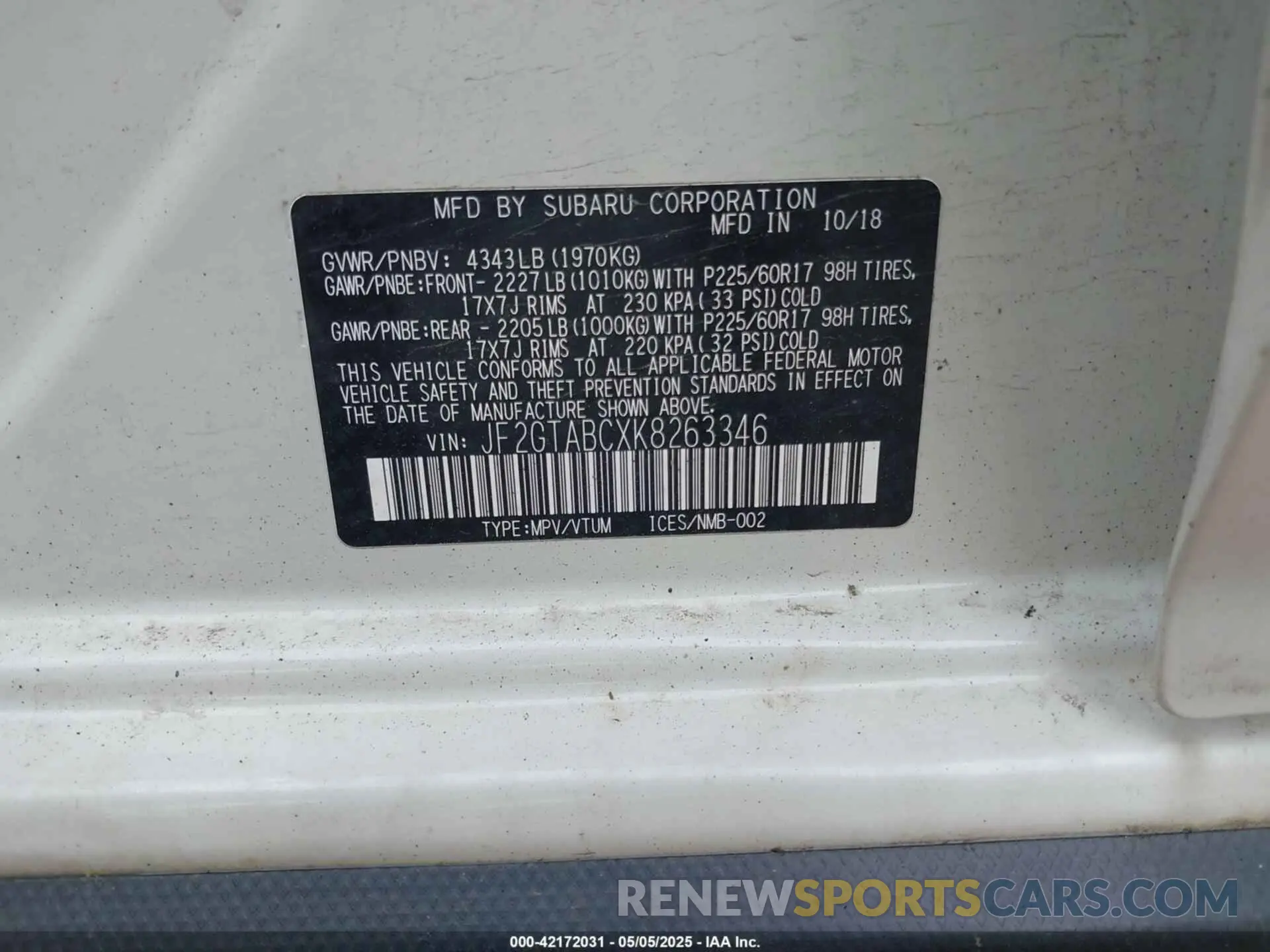 9 Photograph of a damaged car JF2GTABCXK8263346 SUBARU CROSSTREK 2019