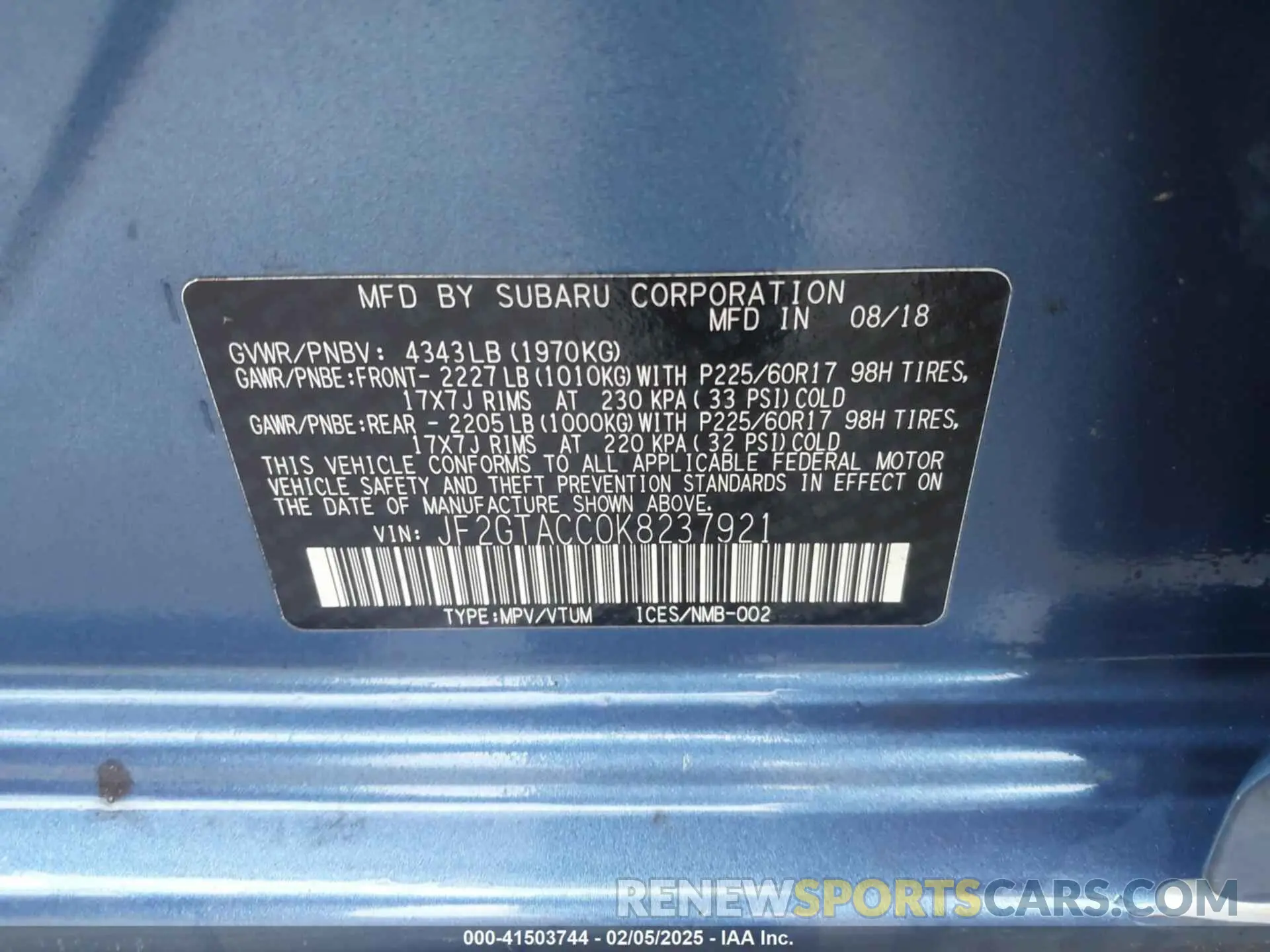 9 Photograph of a damaged car JF2GTACC0K8237921 SUBARU CROSSTREK 2019
