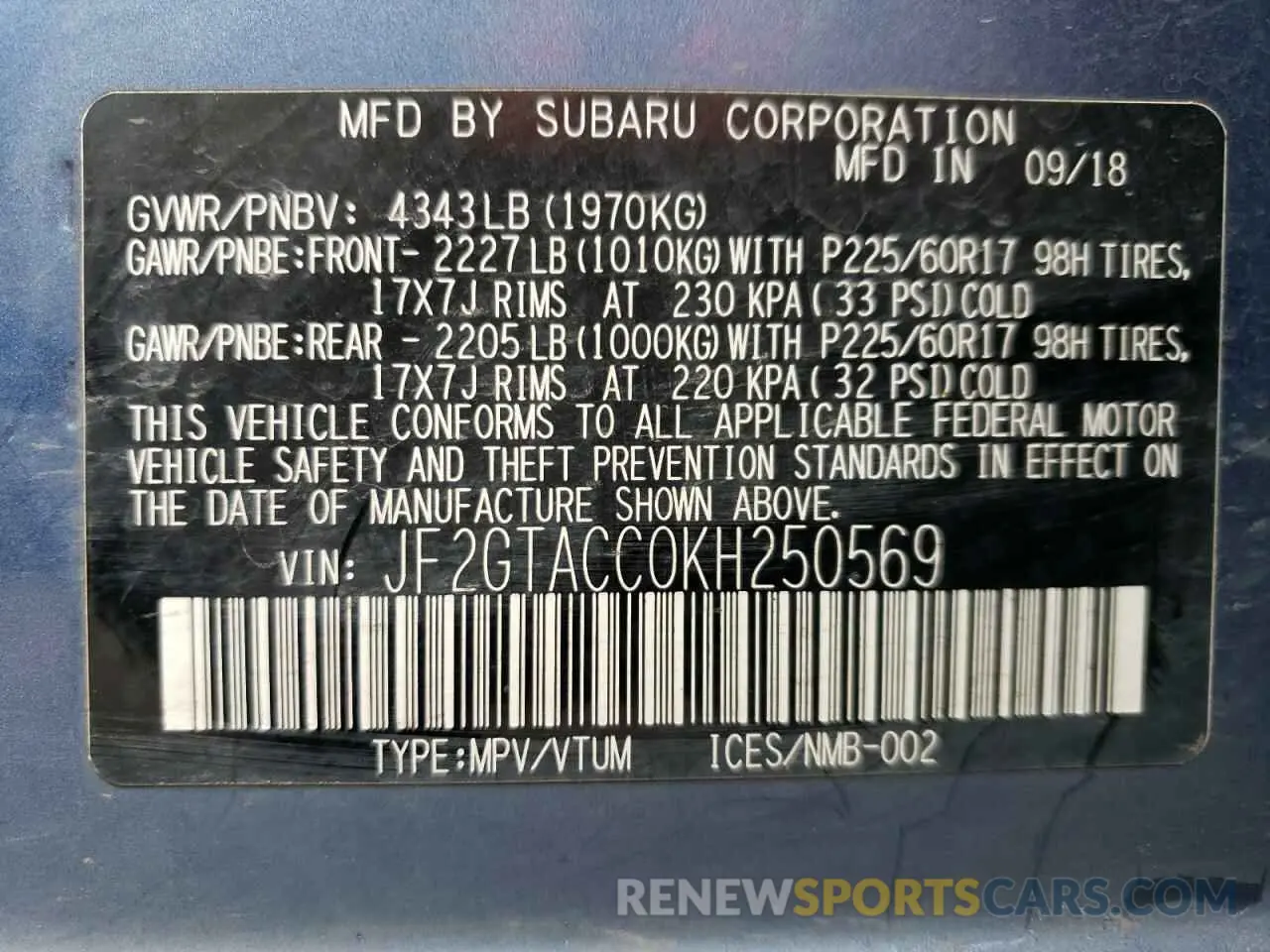 12 Photograph of a damaged car JF2GTACC0KH250569 SUBARU CROSSTREK 2019