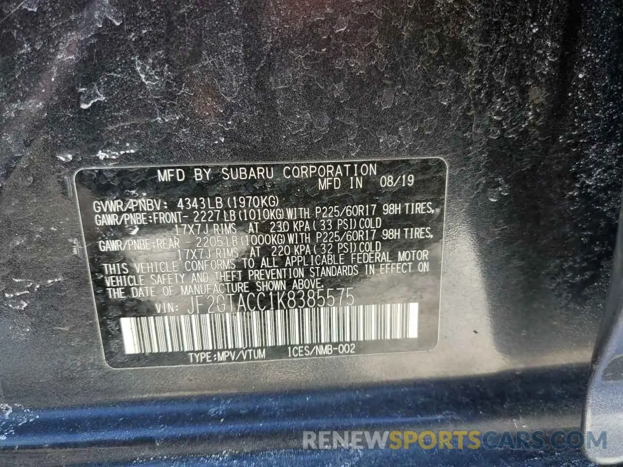 13 Photograph of a damaged car JF2GTACC1K8385575 SUBARU CROSSTREK 2019