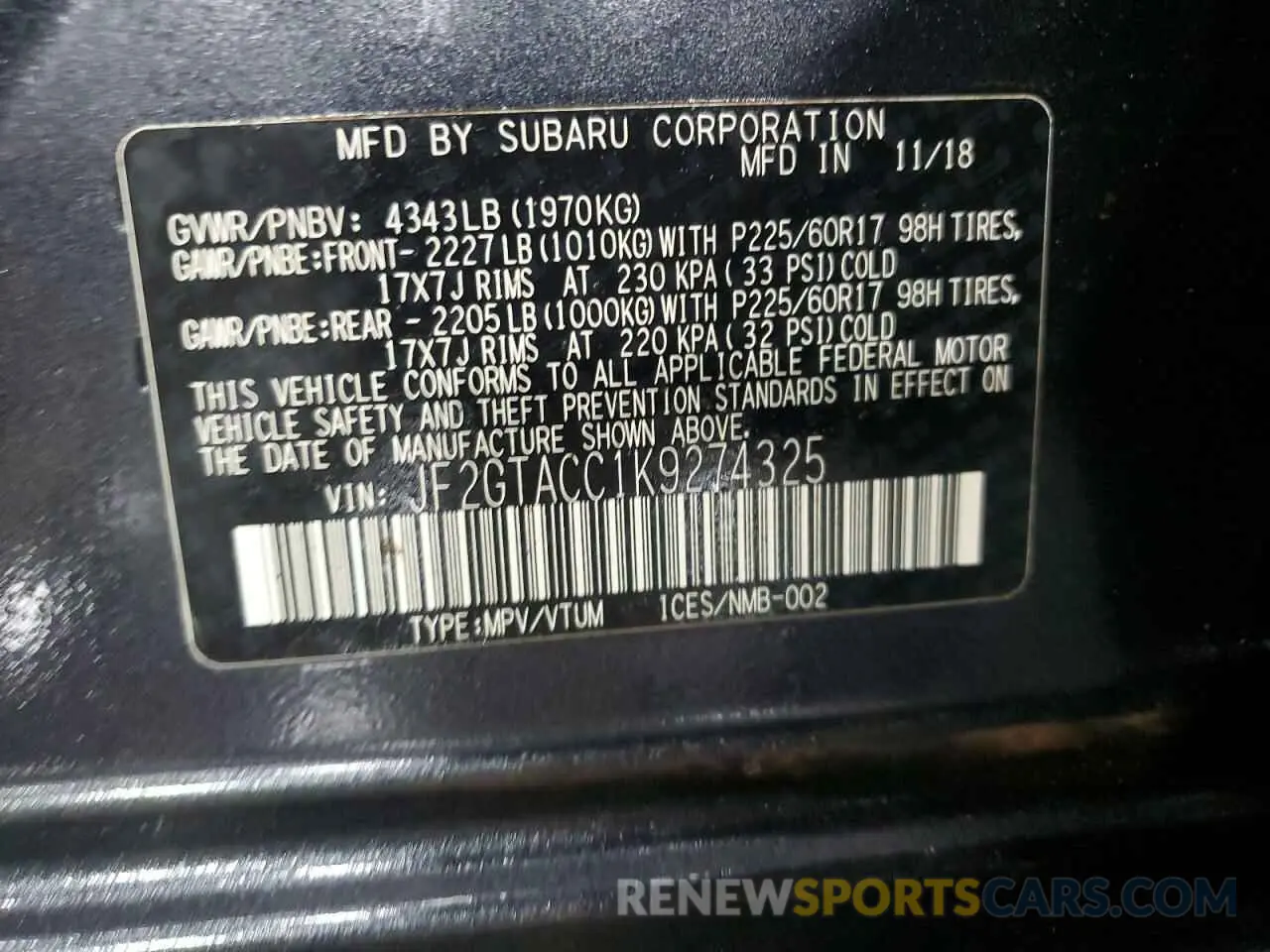 12 Photograph of a damaged car JF2GTACC1K9274325 SUBARU CROSSTREK 2019