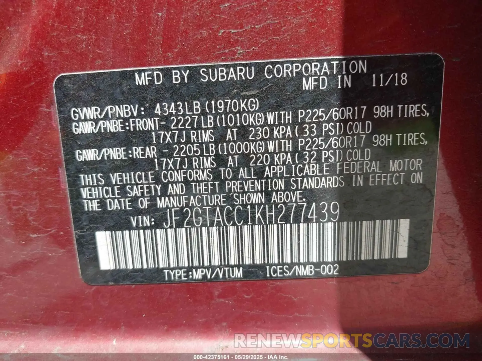 9 Photograph of a damaged car JF2GTACC1KH277439 SUBARU CROSSTREK 2019