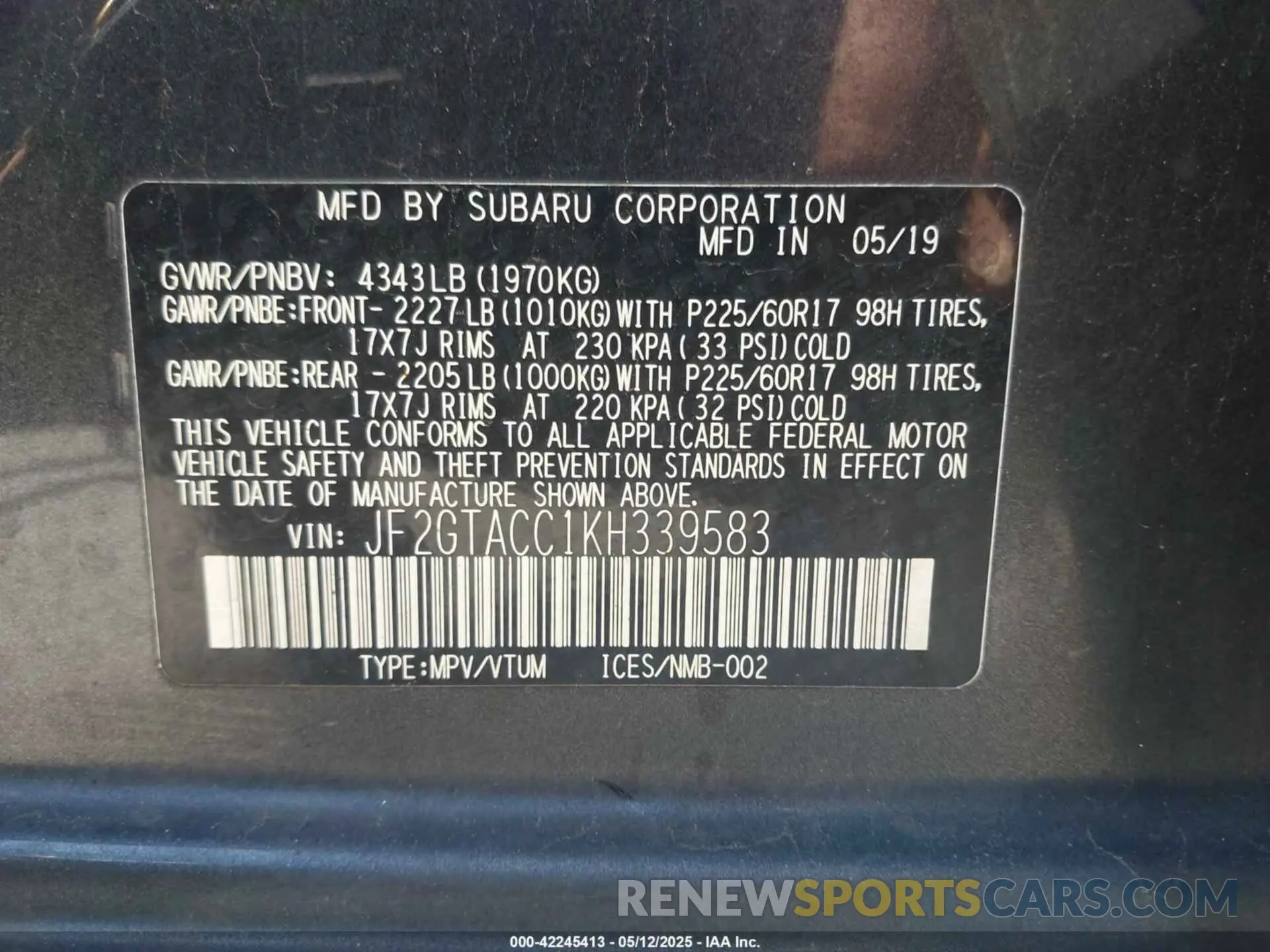 9 Photograph of a damaged car JF2GTACC1KH339583 SUBARU CROSSTREK 2019