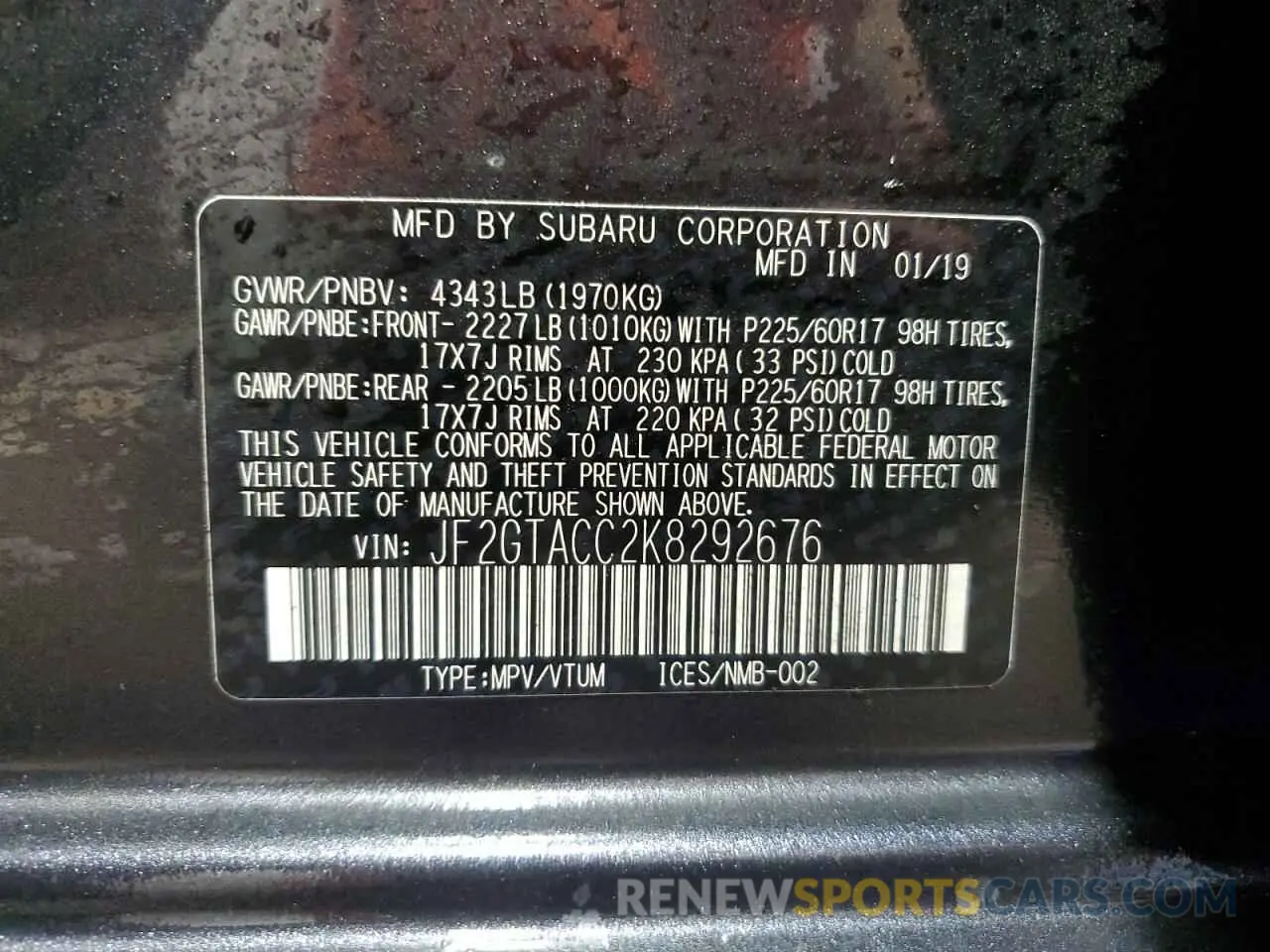 13 Photograph of a damaged car JF2GTACC2K8292676 SUBARU CROSSTREK 2019
