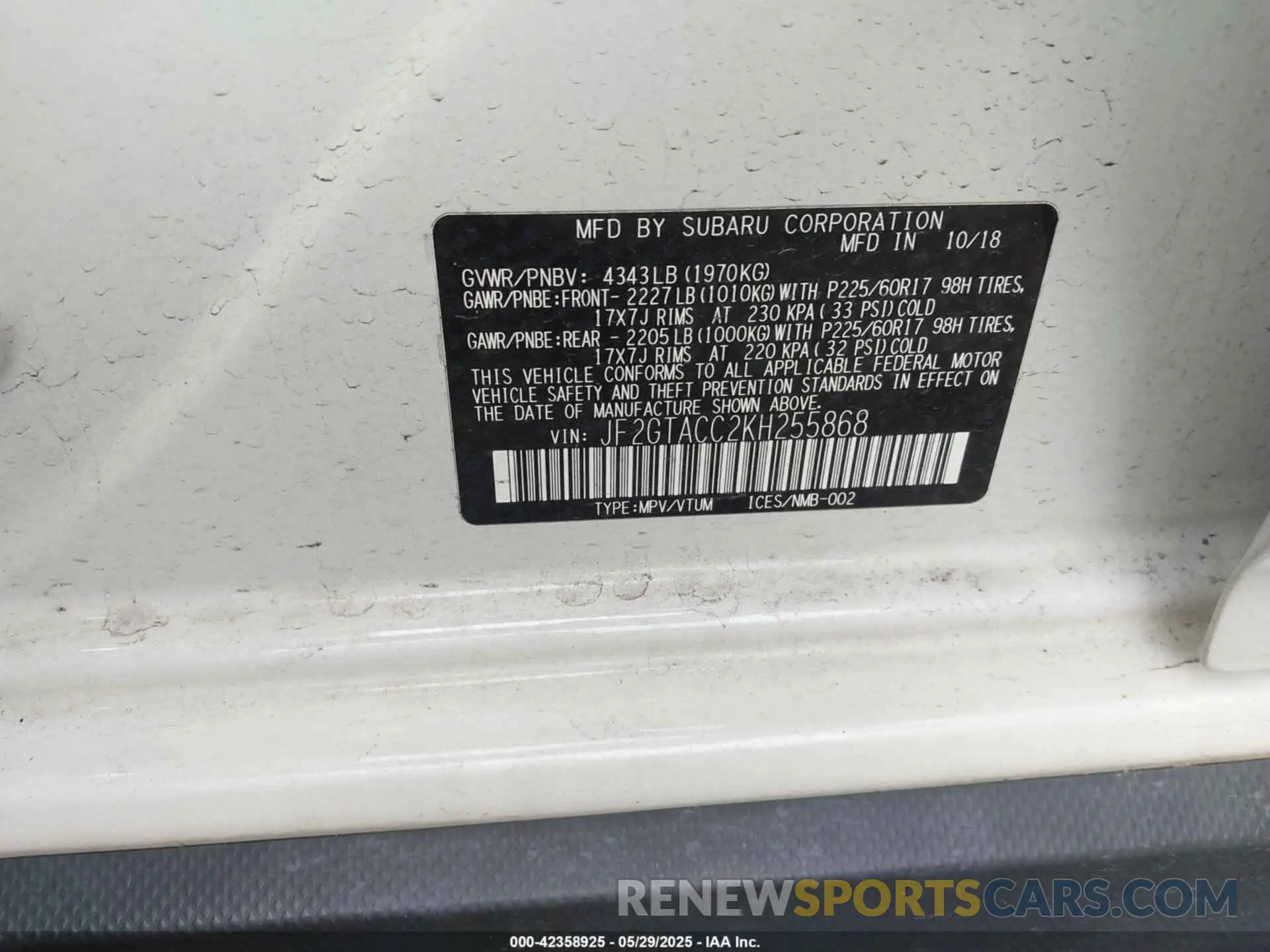 9 Photograph of a damaged car JF2GTACC2KH255868 SUBARU CROSSTREK 2019