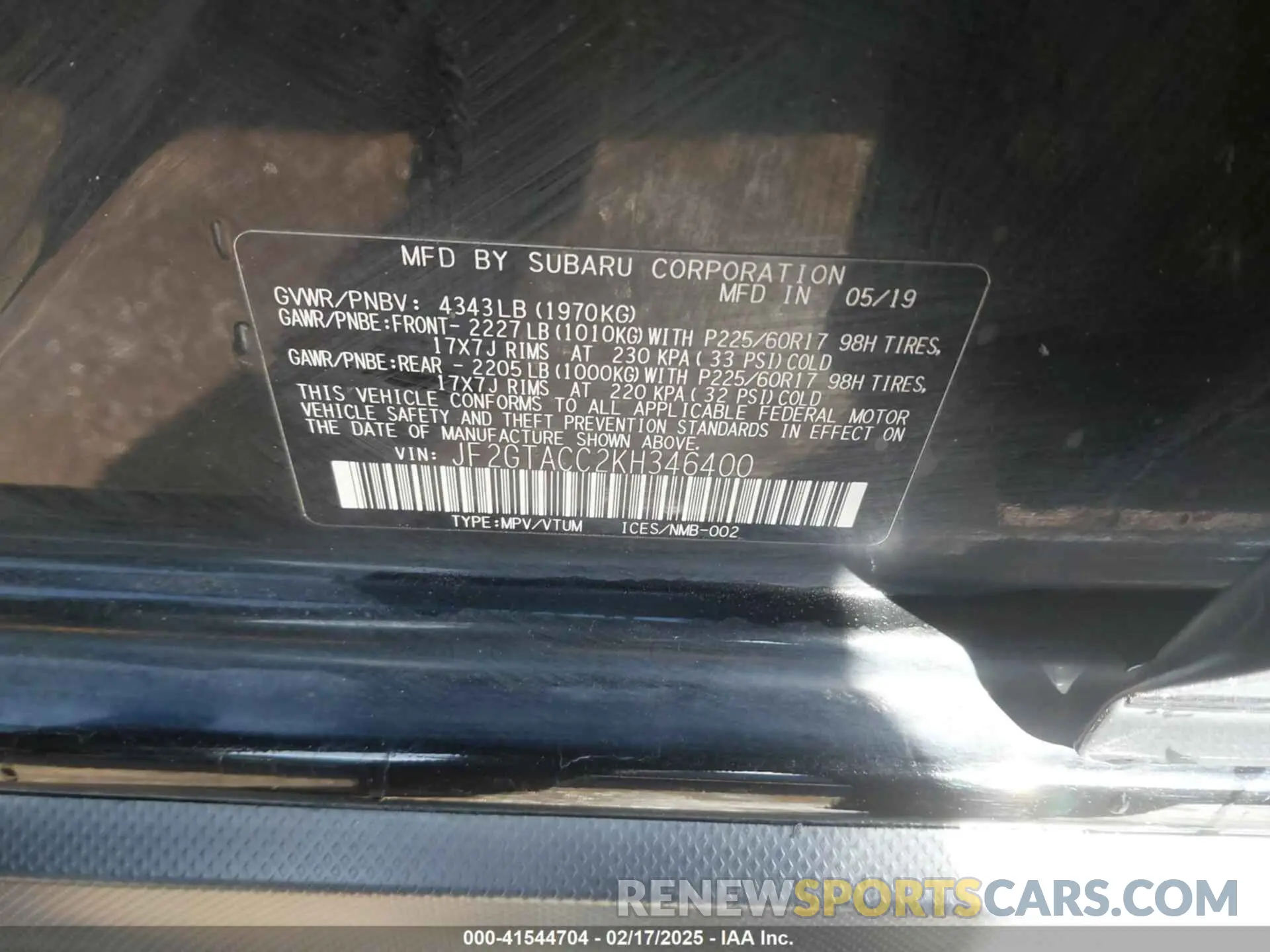 9 Photograph of a damaged car JF2GTACC2KH346400 SUBARU CROSSTREK 2019