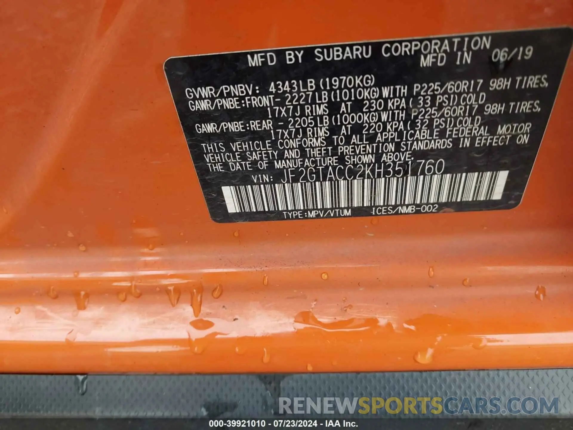 9 Photograph of a damaged car JF2GTACC2KH351760 SUBARU CROSSTREK 2019