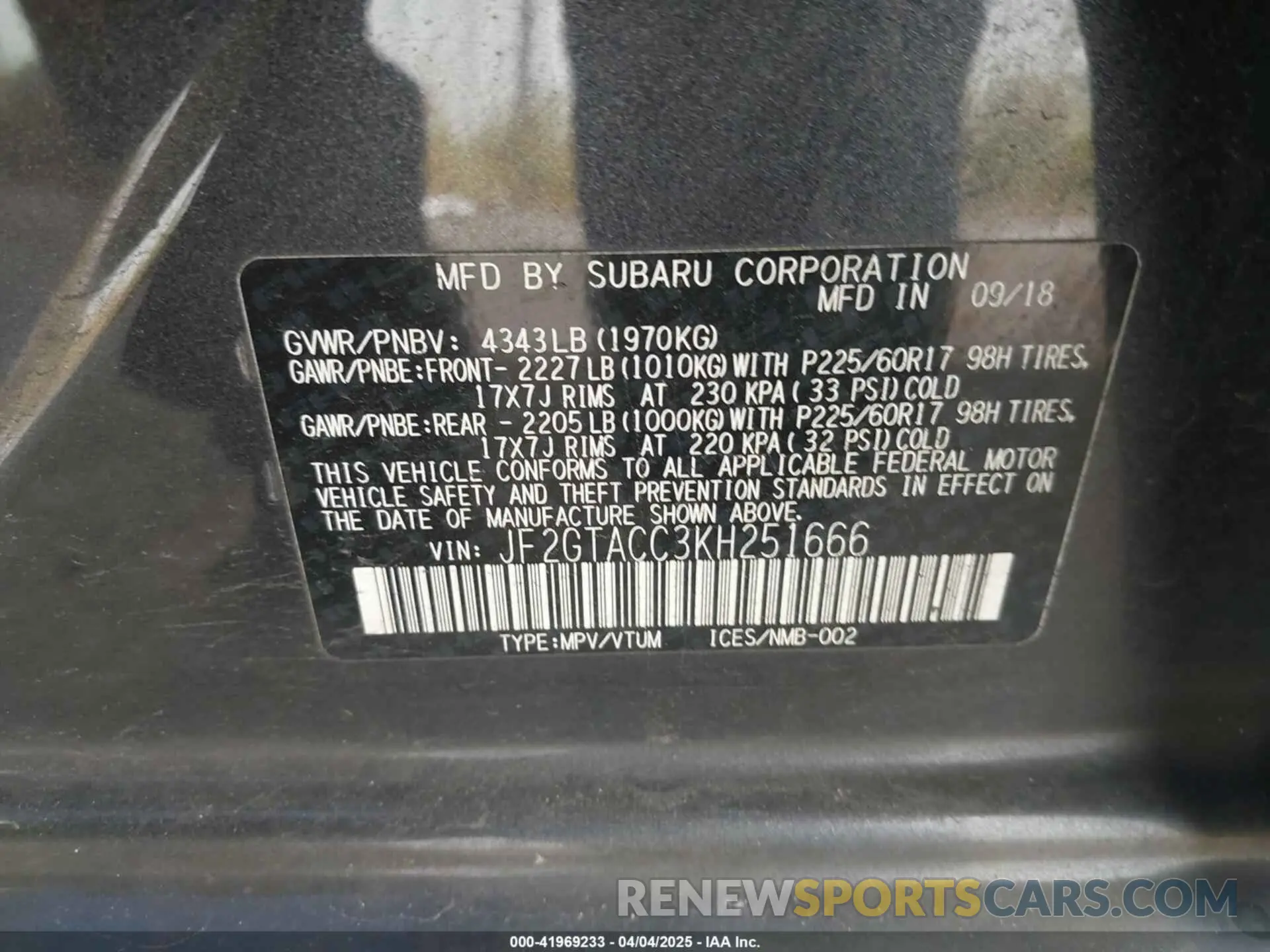 9 Photograph of a damaged car JF2GTACC3KH251666 SUBARU CROSSTREK 2019