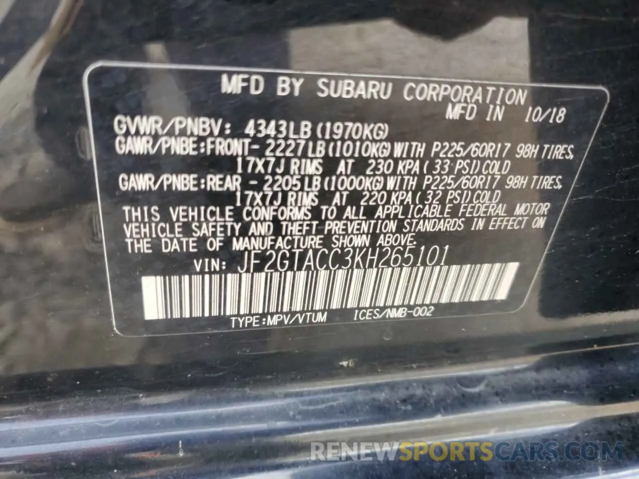13 Photograph of a damaged car JF2GTACC3KH265101 SUBARU CROSSTREK 2019