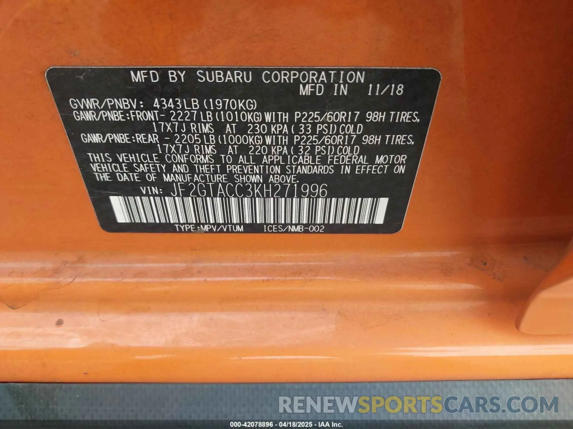 9 Photograph of a damaged car JF2GTACC3KH271996 SUBARU CROSSTREK 2019