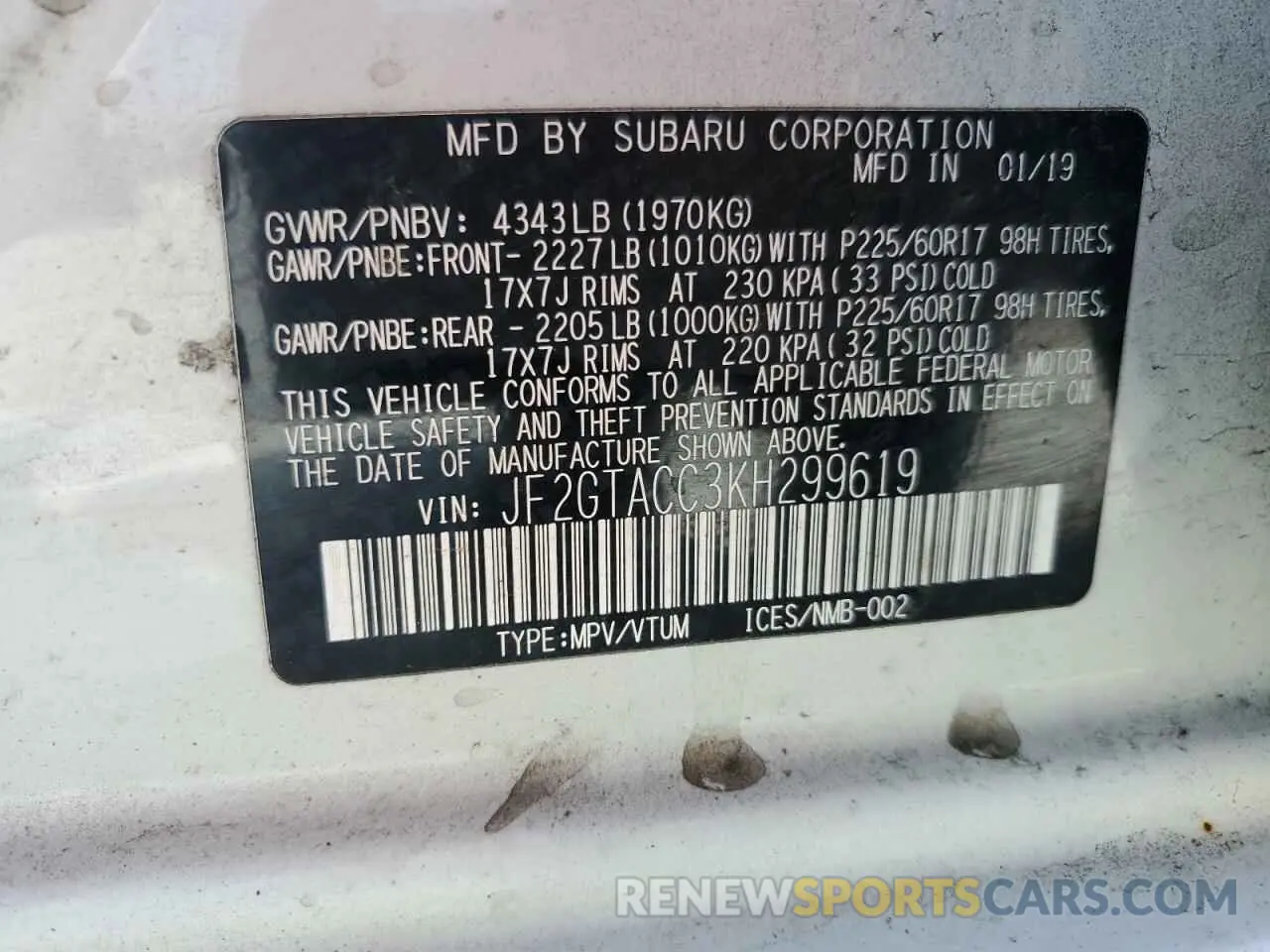 12 Photograph of a damaged car JF2GTACC3KH299619 SUBARU CROSSTREK 2019
