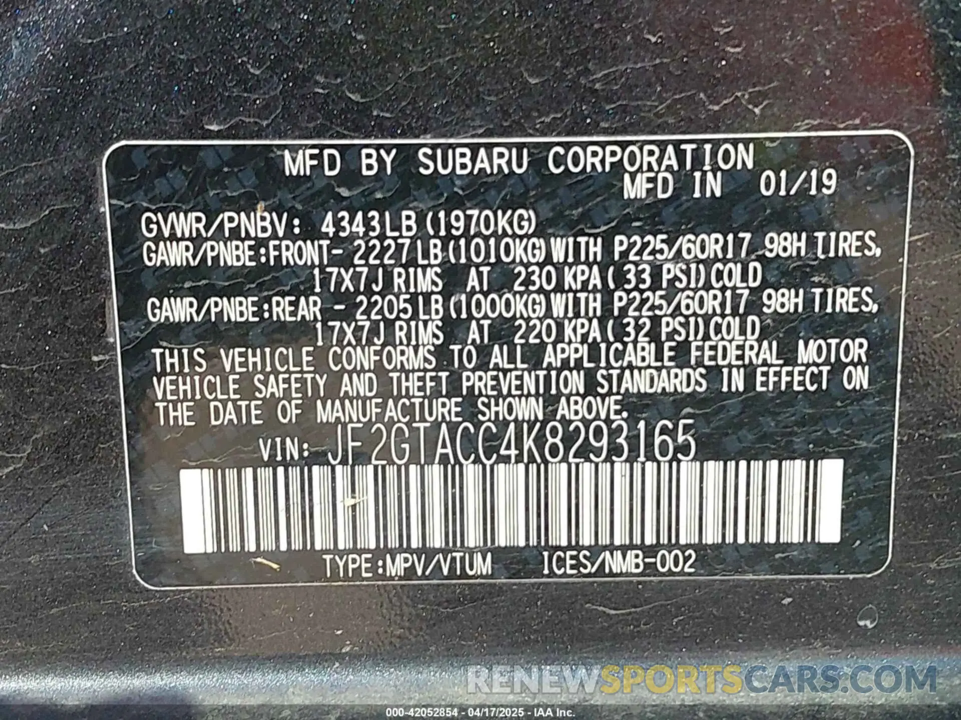 9 Photograph of a damaged car JF2GTACC4K8293165 SUBARU CROSSTREK 2019