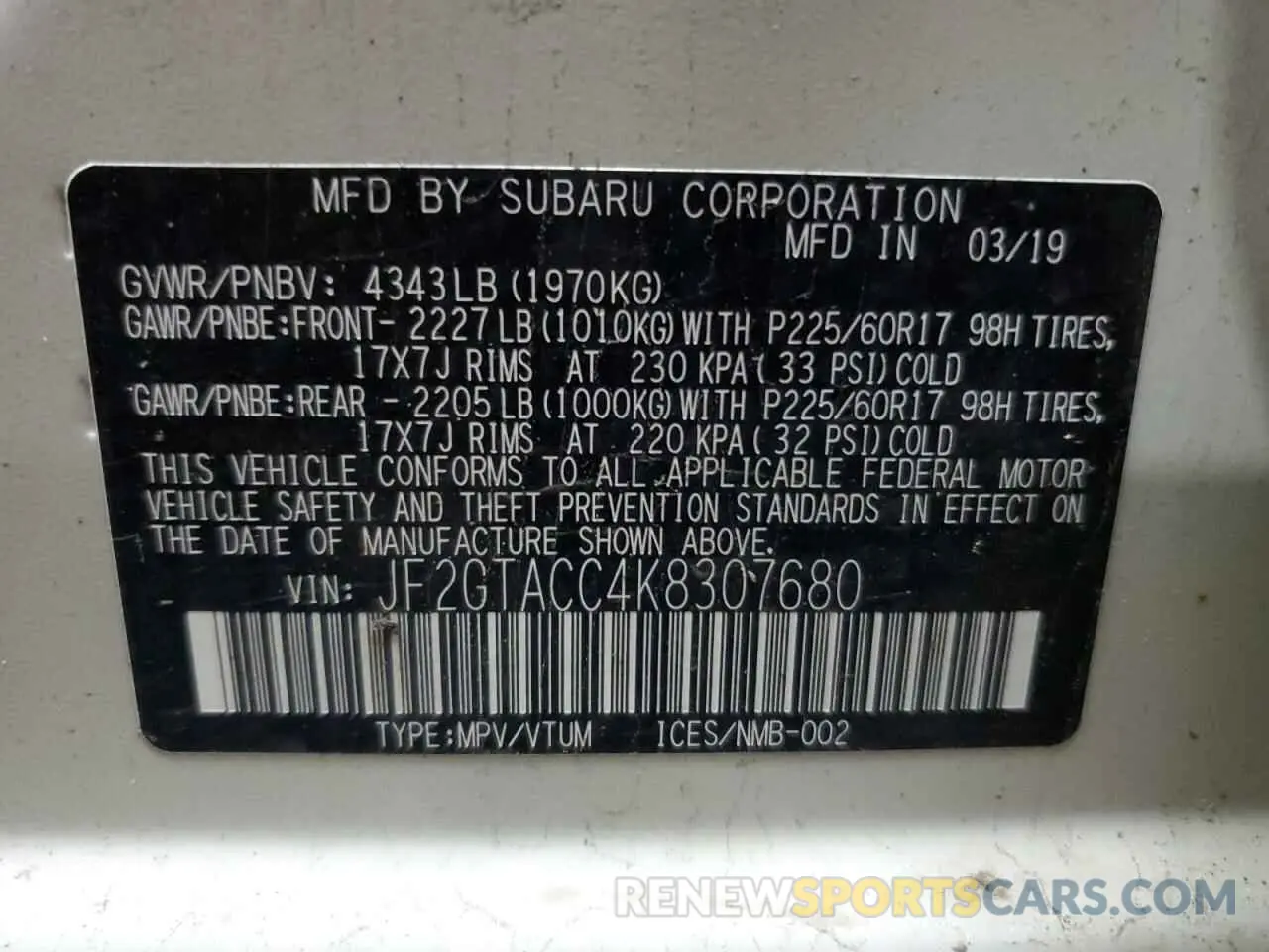 13 Photograph of a damaged car JF2GTACC4K8307680 SUBARU CROSSTREK 2019