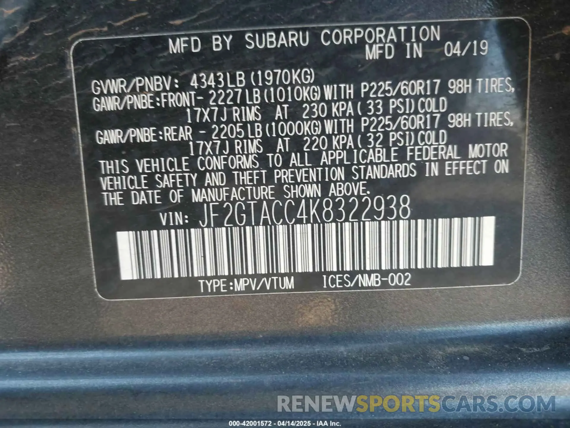 9 Photograph of a damaged car JF2GTACC4K8322938 SUBARU CROSSTREK 2019