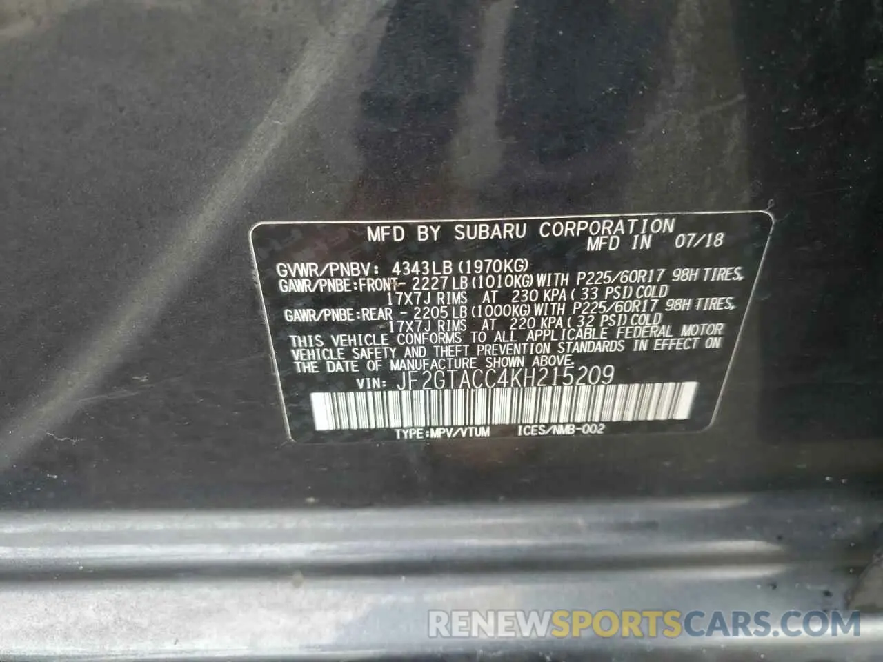 14 Photograph of a damaged car JF2GTACC4KH215209 SUBARU CROSSTREK 2019