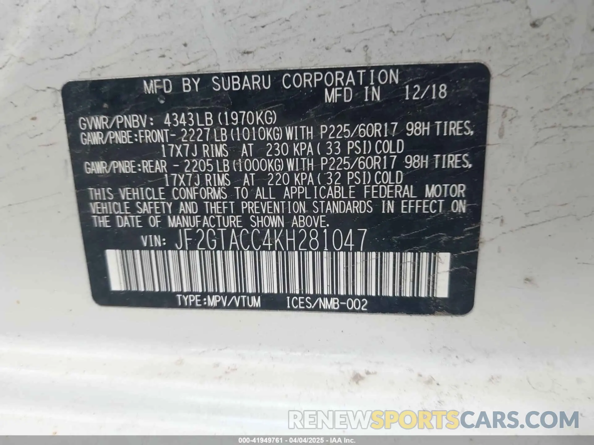 9 Photograph of a damaged car JF2GTACC4KH281047 SUBARU CROSSTREK 2019