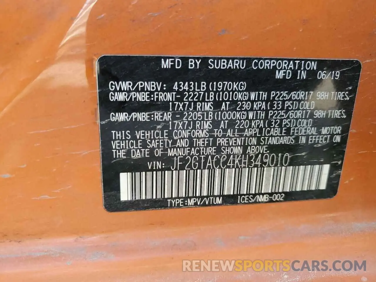 14 Photograph of a damaged car JF2GTACC4KH349010 SUBARU CROSSTREK 2019