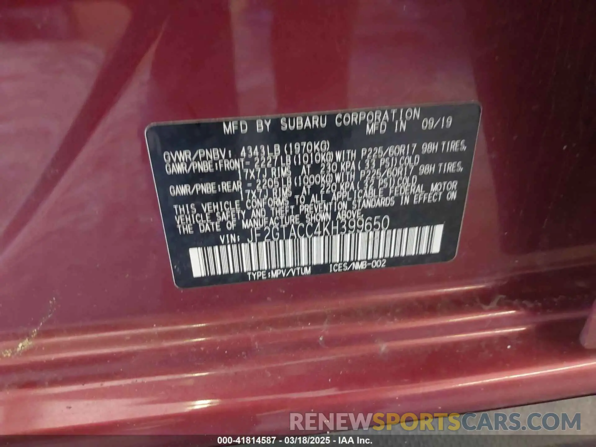 9 Photograph of a damaged car JF2GTACC4KH399650 SUBARU CROSSTREK 2019