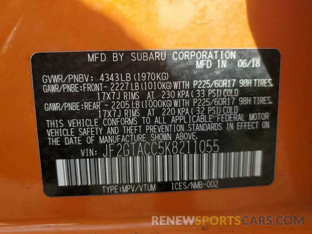 13 Photograph of a damaged car JF2GTACC5K8211055 SUBARU CROSSTREK 2019