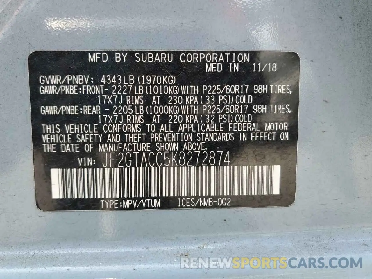 13 Photograph of a damaged car JF2GTACC5K8272874 SUBARU CROSSTREK 2019