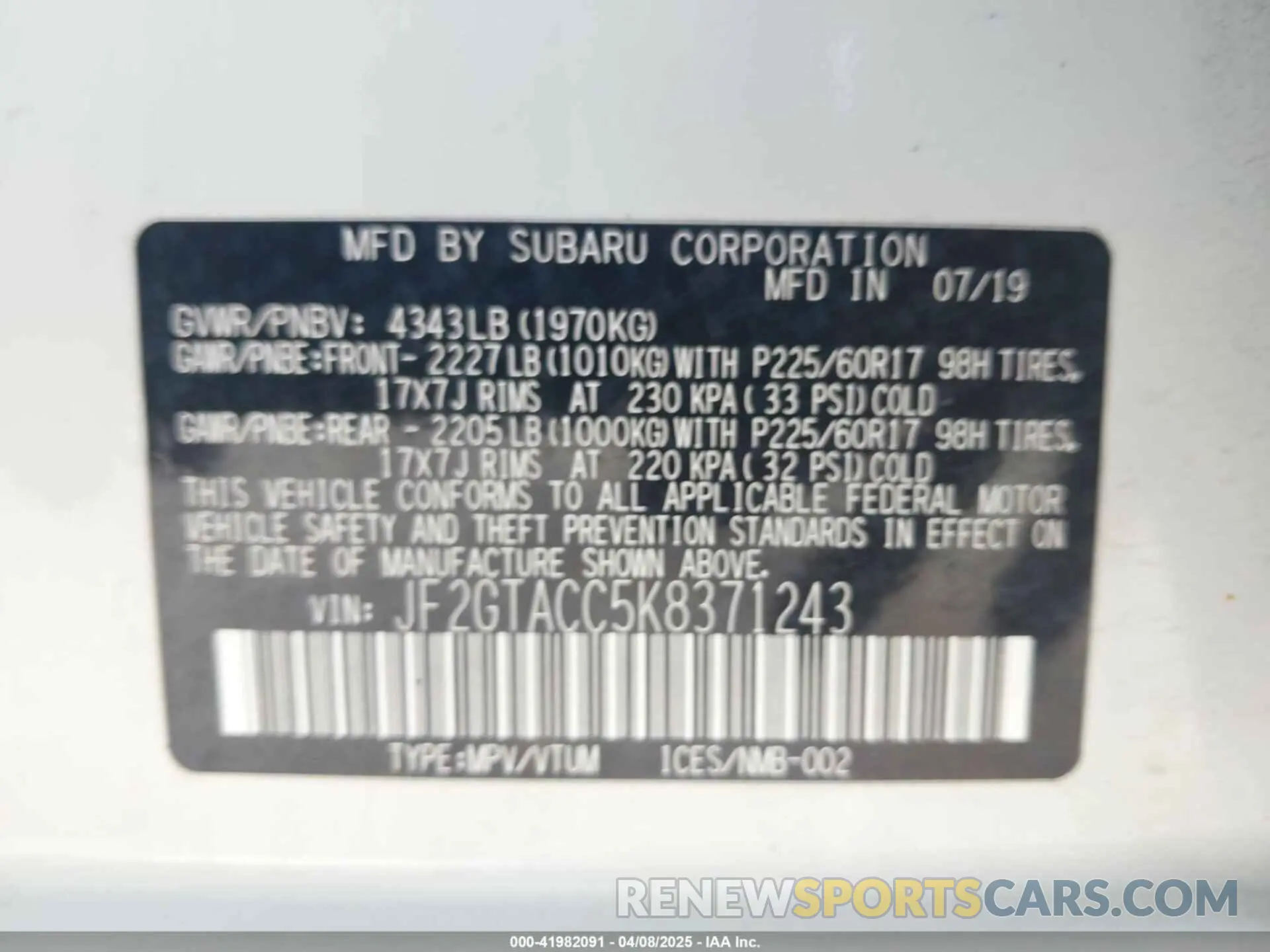 9 Photograph of a damaged car JF2GTACC5K8371243 SUBARU CROSSTREK 2019