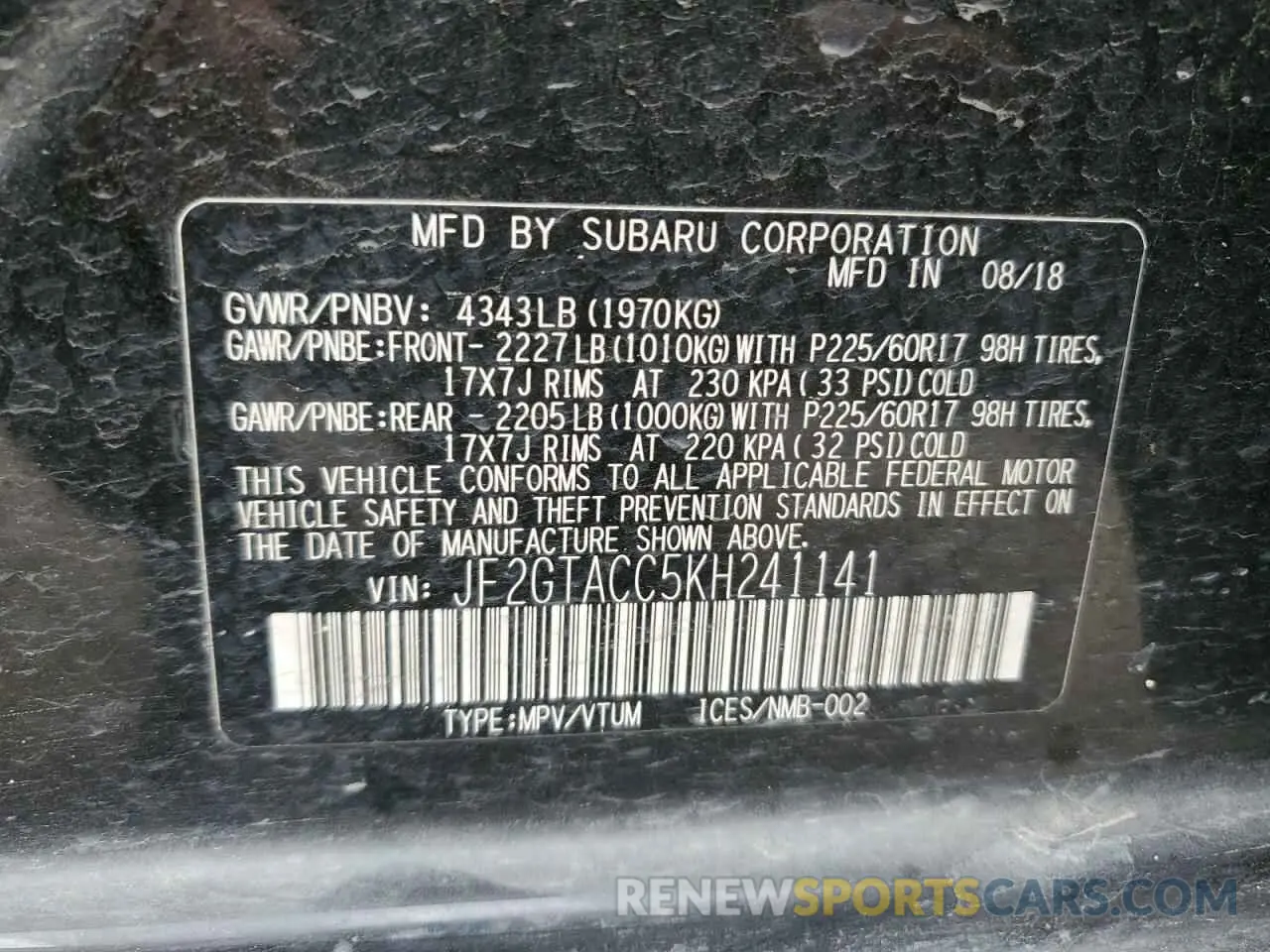 13 Photograph of a damaged car JF2GTACC5KH241141 SUBARU CROSSTREK 2019