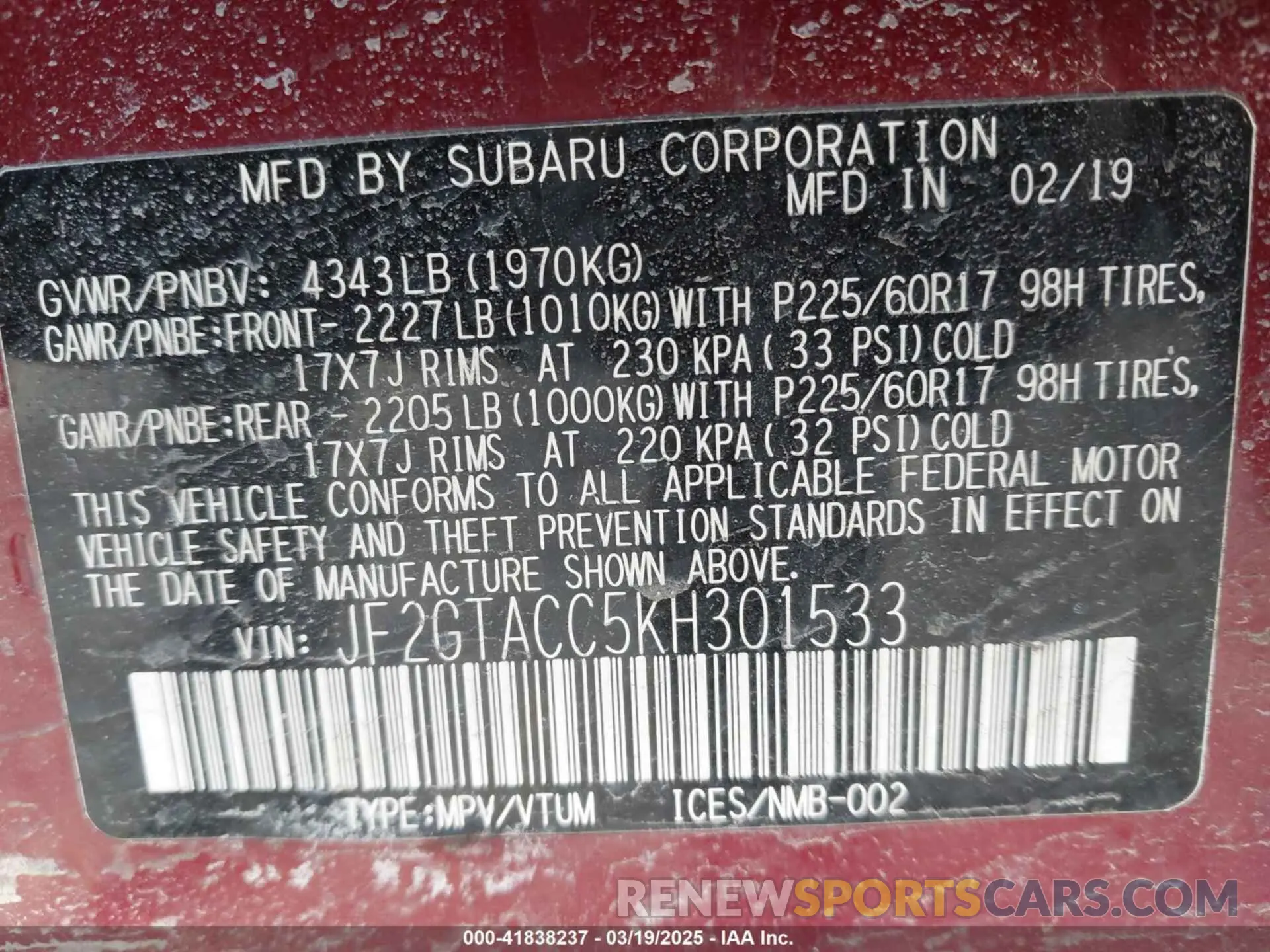 9 Photograph of a damaged car JF2GTACC5KH301533 SUBARU CROSSTREK 2019