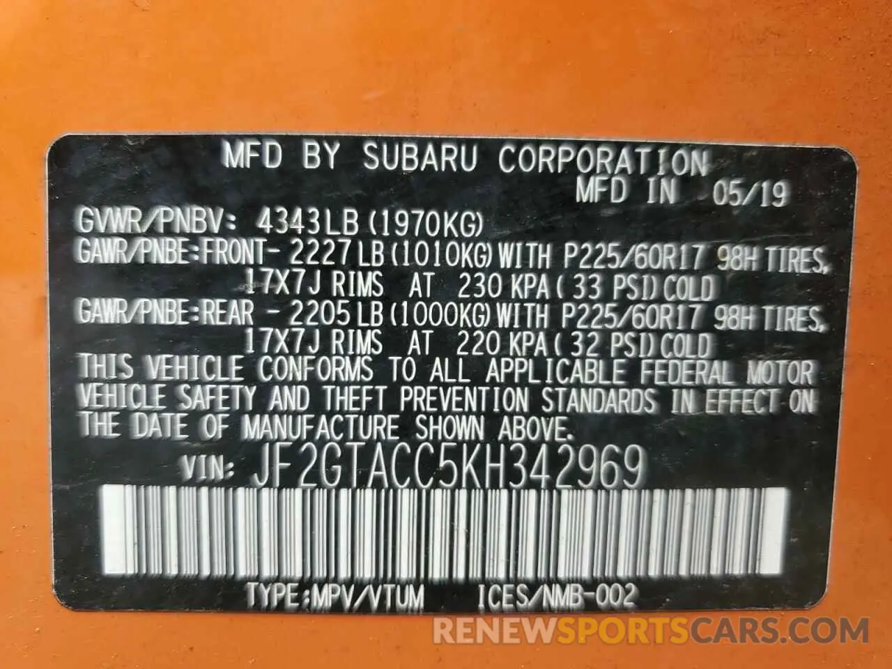 12 Photograph of a damaged car JF2GTACC5KH342969 SUBARU CROSSTREK 2019
