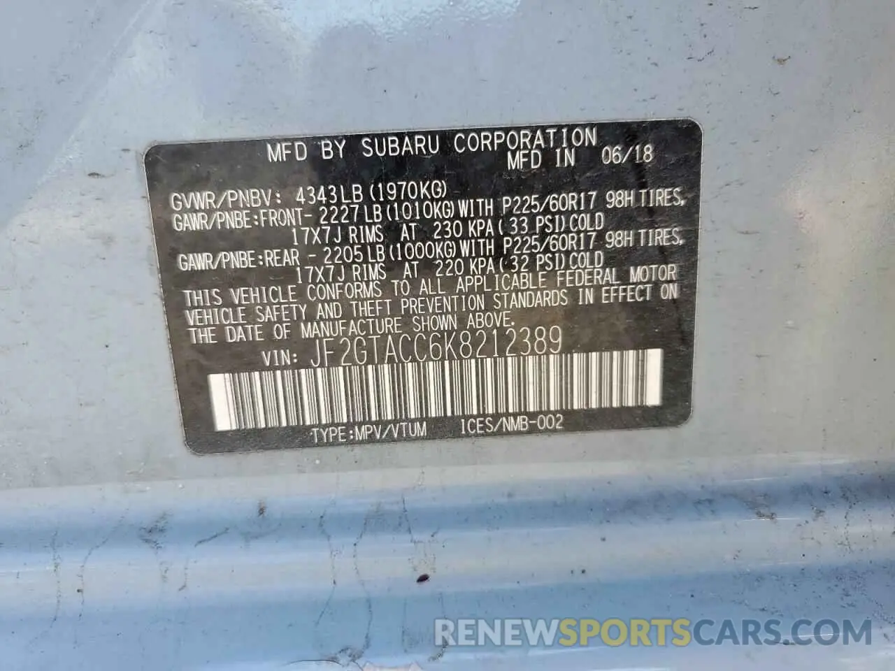 13 Photograph of a damaged car JF2GTACC6K8212389 SUBARU CROSSTREK 2019