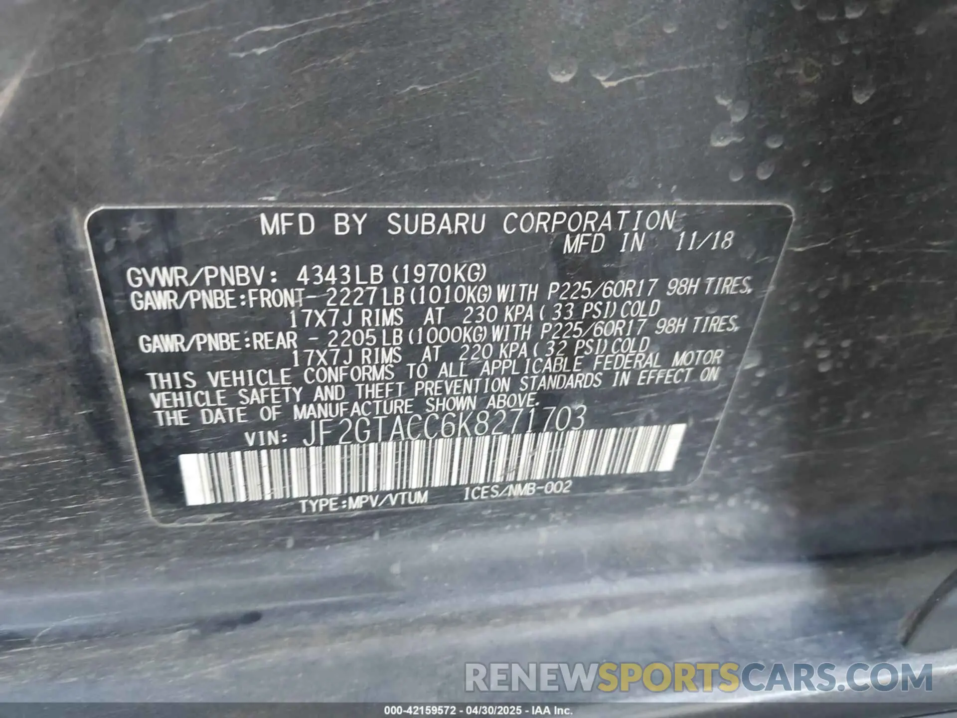 9 Photograph of a damaged car JF2GTACC6K8271703 SUBARU CROSSTREK 2019