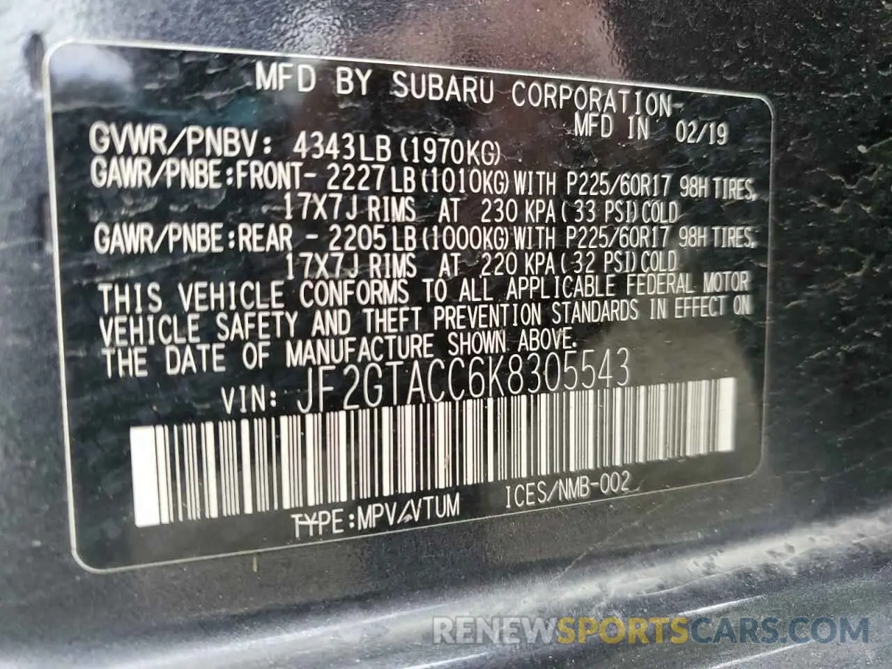 13 Photograph of a damaged car JF2GTACC6K8305543 SUBARU CROSSTREK 2019