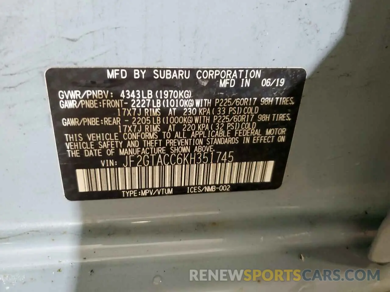 13 Photograph of a damaged car JF2GTACC6KH351745 SUBARU CROSSTREK 2019