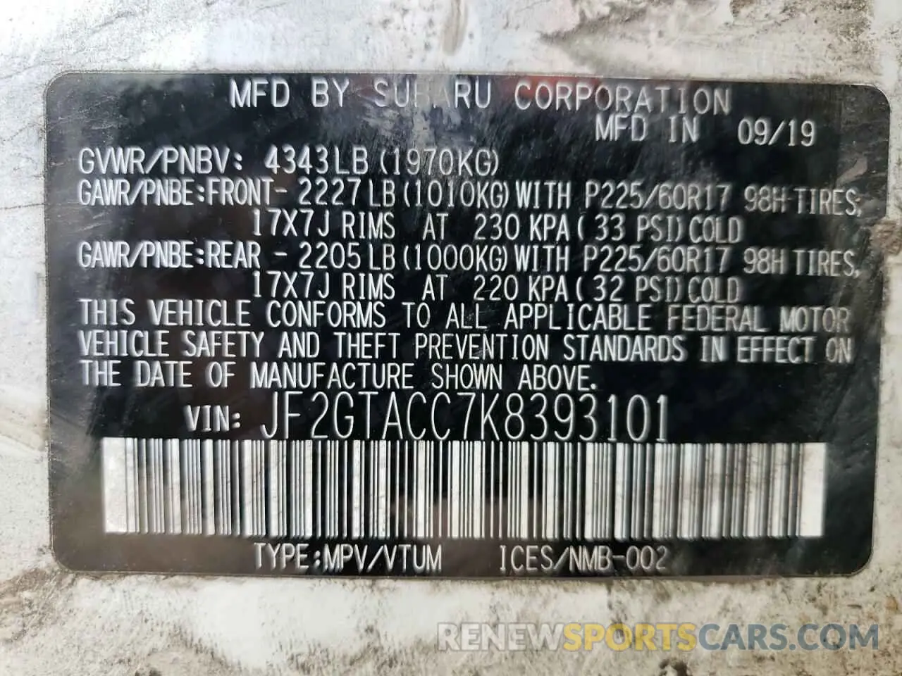 13 Photograph of a damaged car JF2GTACC7K8393101 SUBARU CROSSTREK 2019