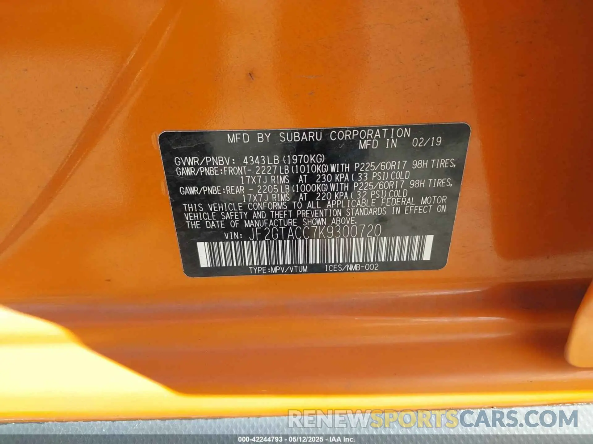 9 Photograph of a damaged car JF2GTACC7K9300720 SUBARU CROSSTREK 2019