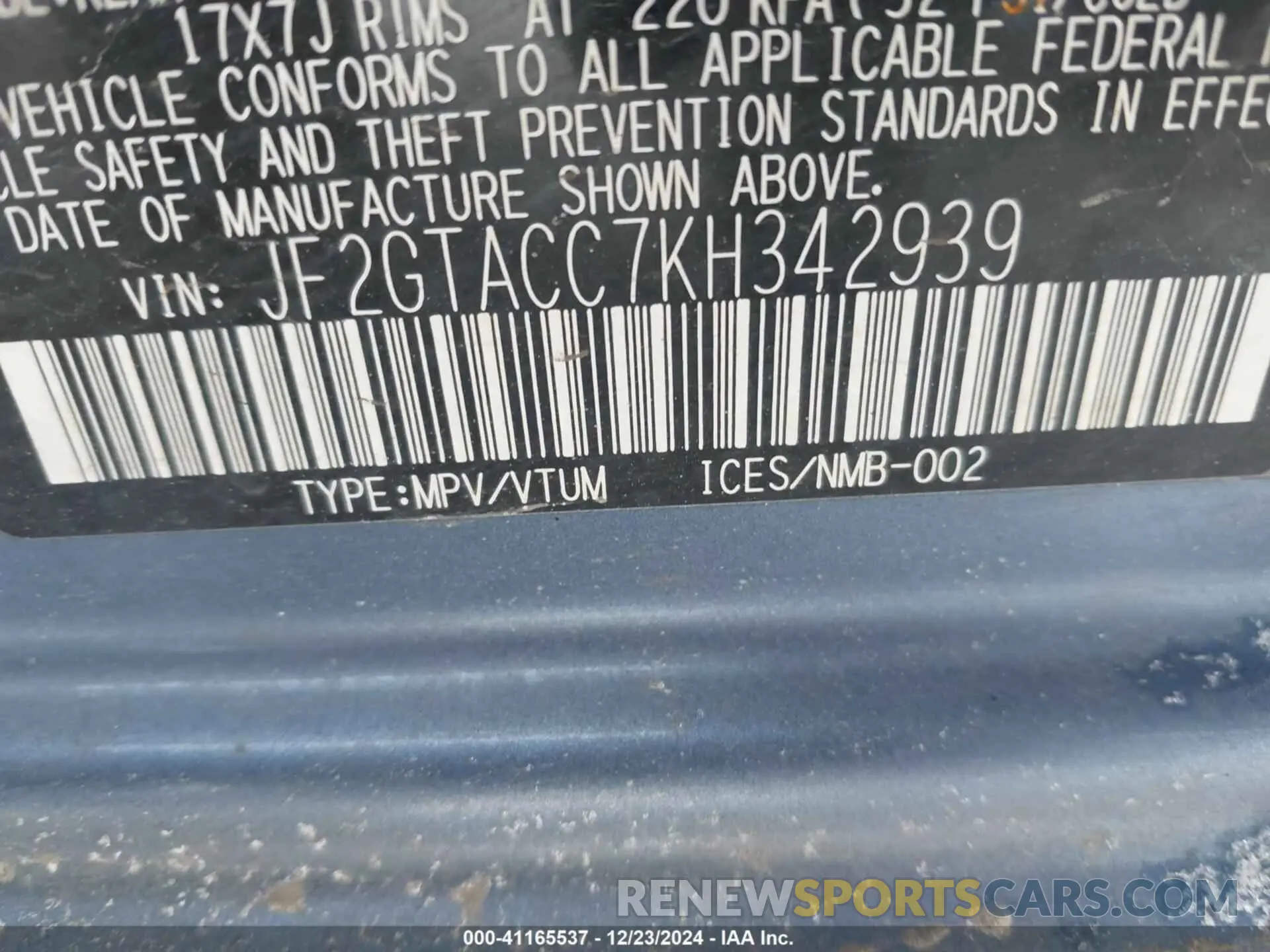 9 Photograph of a damaged car JF2GTACC7KH342939 SUBARU CROSSTREK 2019