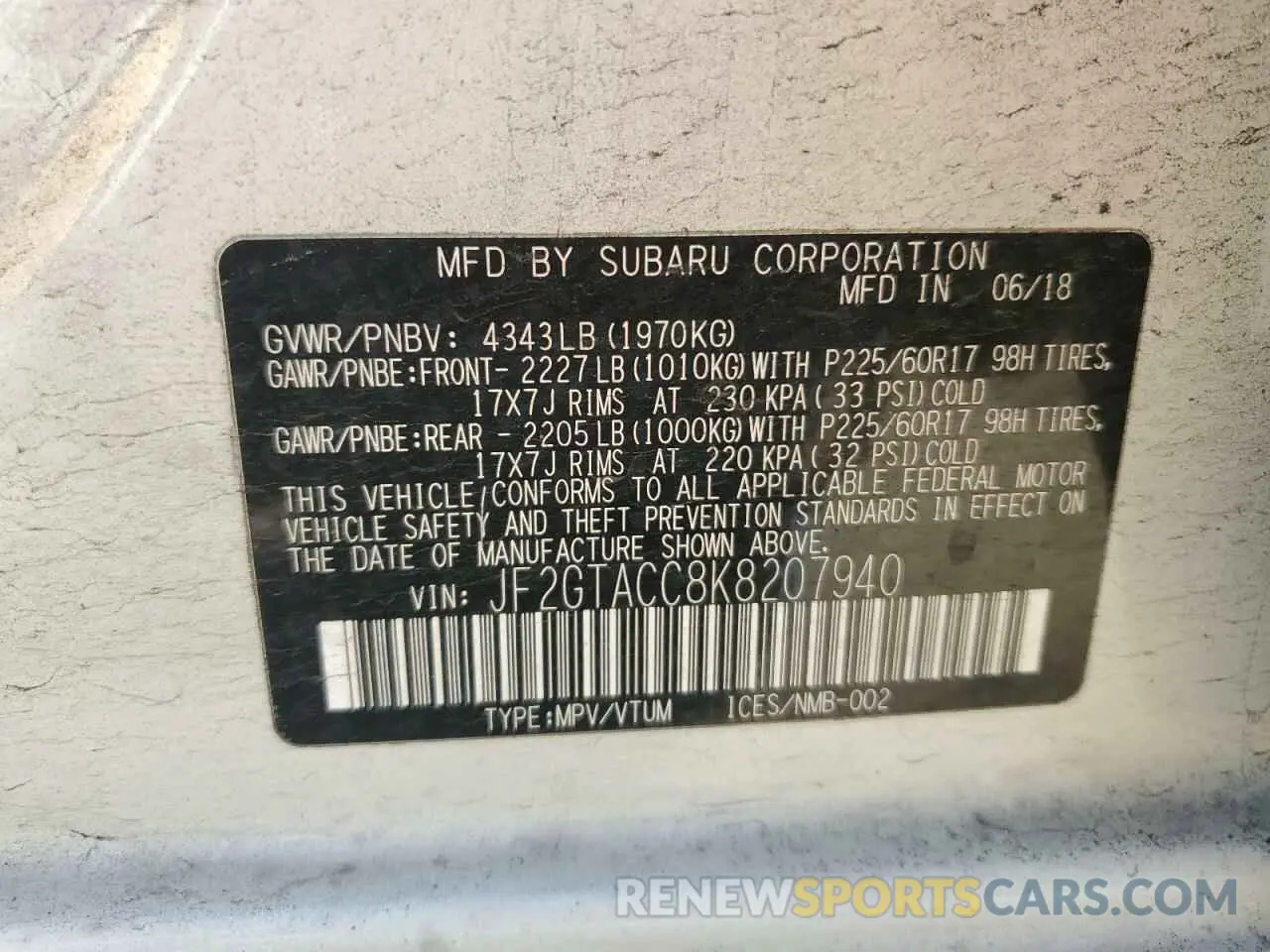 15 Photograph of a damaged car JF2GTACC8K8207940 SUBARU CROSSTREK 2019