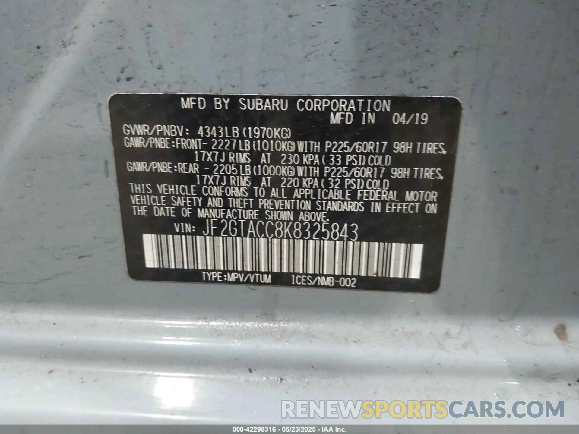 9 Photograph of a damaged car JF2GTACC8K8325843 SUBARU CROSSTREK 2019