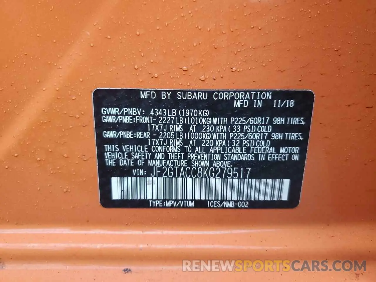 12 Photograph of a damaged car JF2GTACC8KG279517 SUBARU CROSSTREK 2019