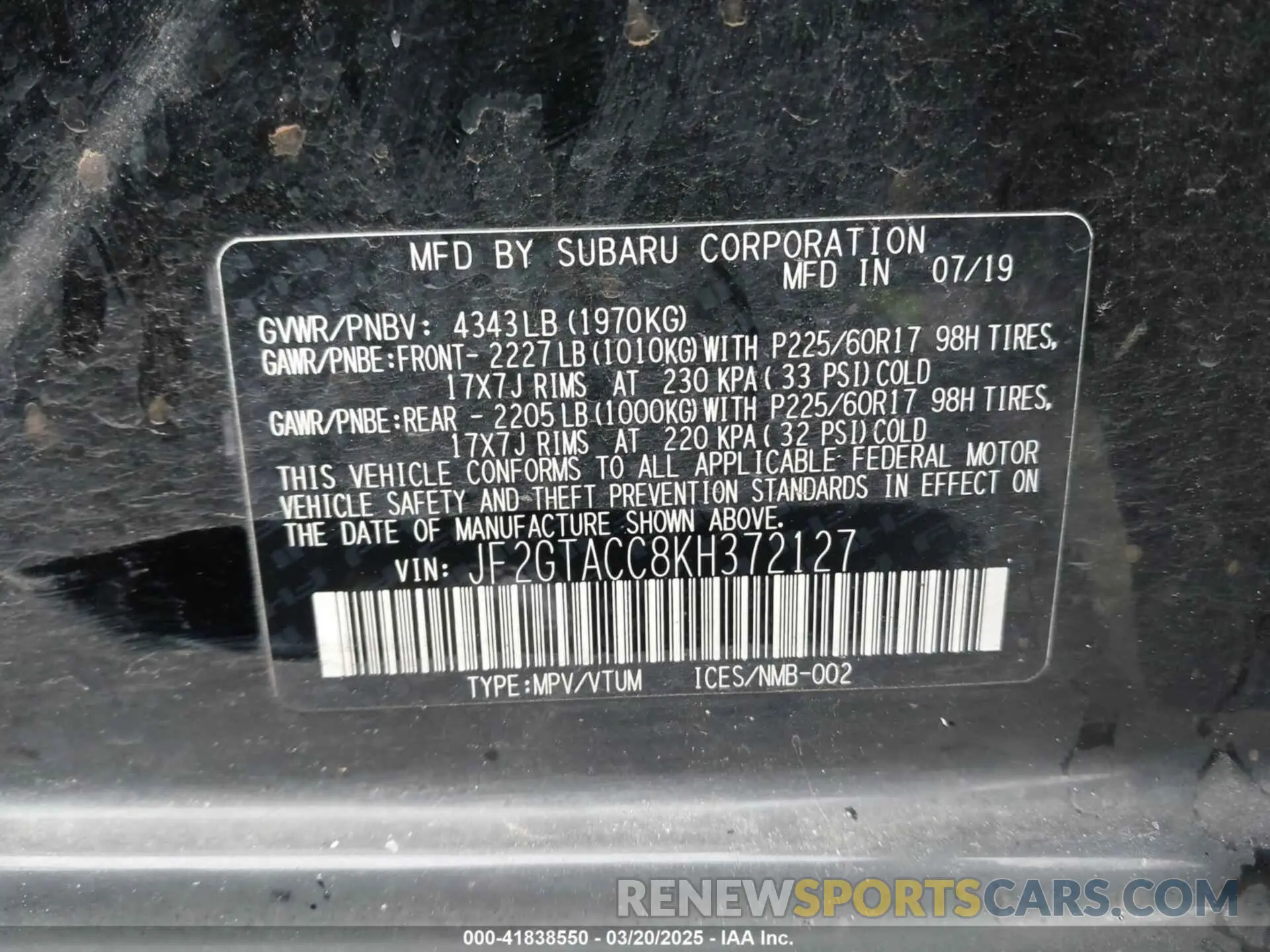 9 Photograph of a damaged car JF2GTACC8KH372127 SUBARU CROSSTREK 2019