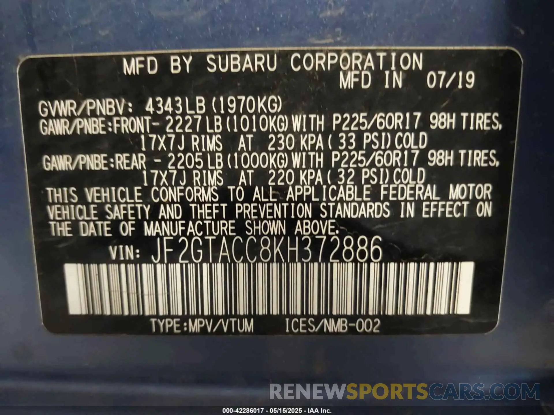 9 Photograph of a damaged car JF2GTACC8KH372886 SUBARU CROSSTREK 2019