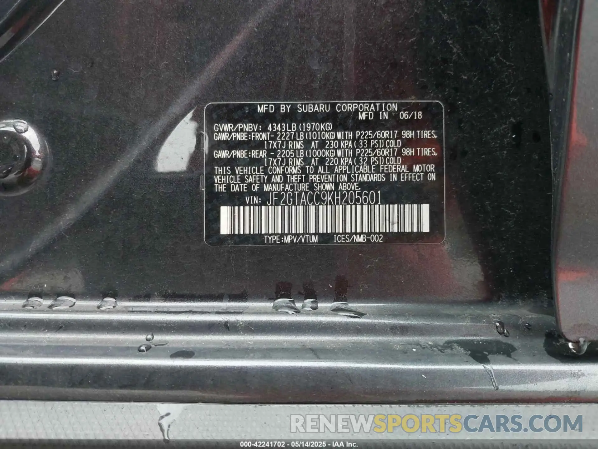 9 Photograph of a damaged car JF2GTACC9K8205601 SUBARU CROSSTREK 2019