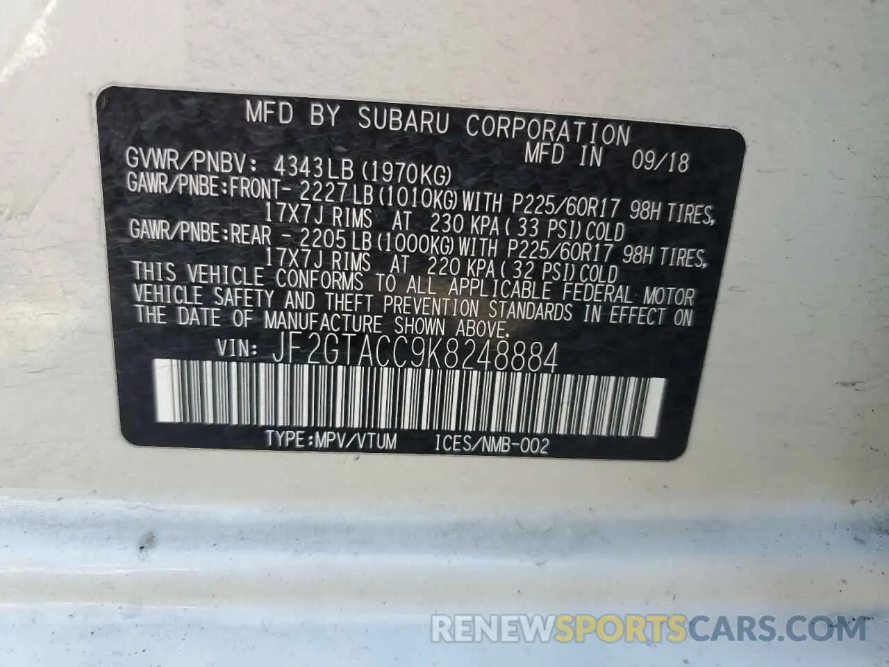 13 Photograph of a damaged car JF2GTACC9K8248884 SUBARU CROSSTREK 2019