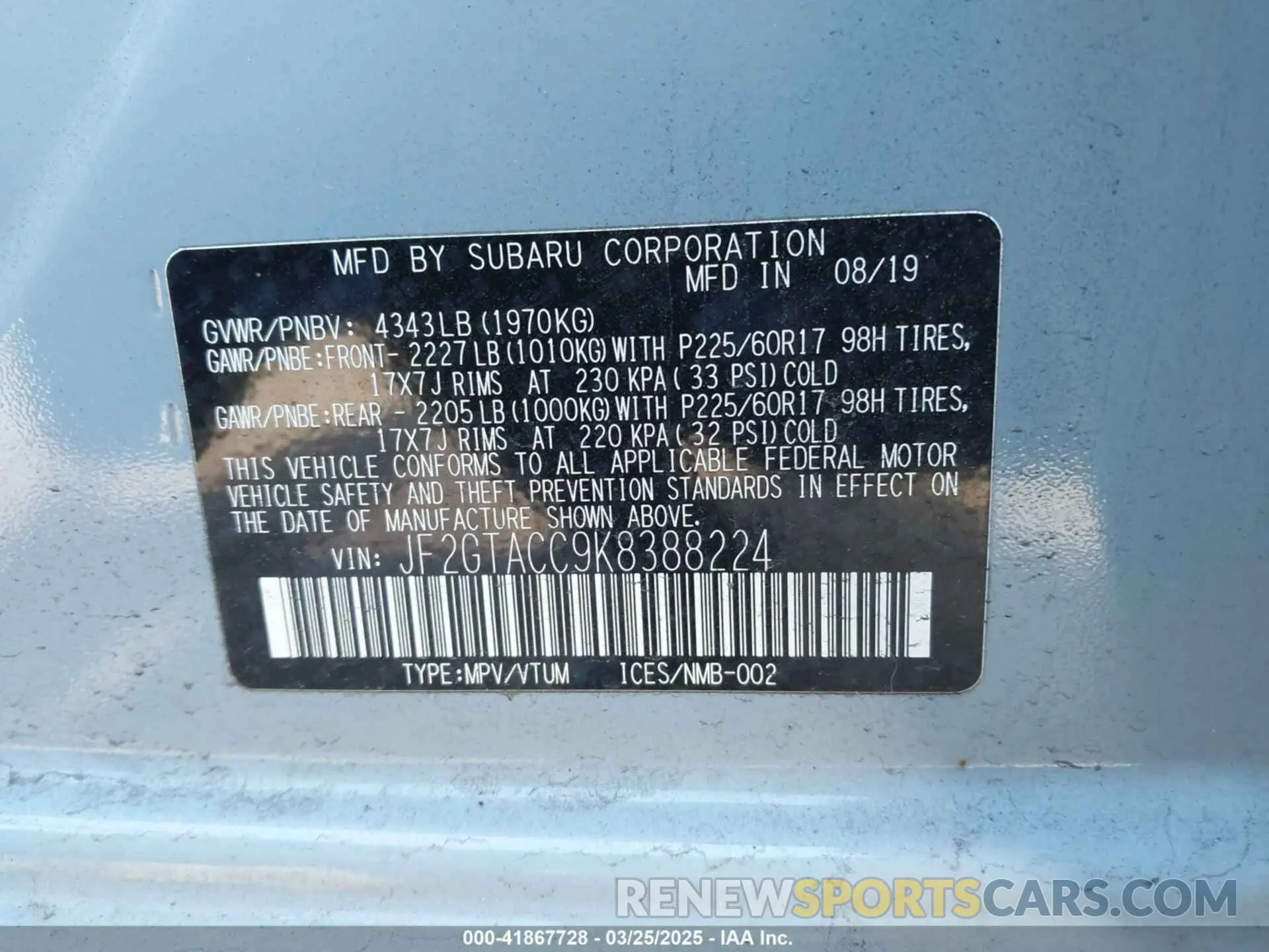 9 Photograph of a damaged car JF2GTACC9K8388224 SUBARU CROSSTREK 2019